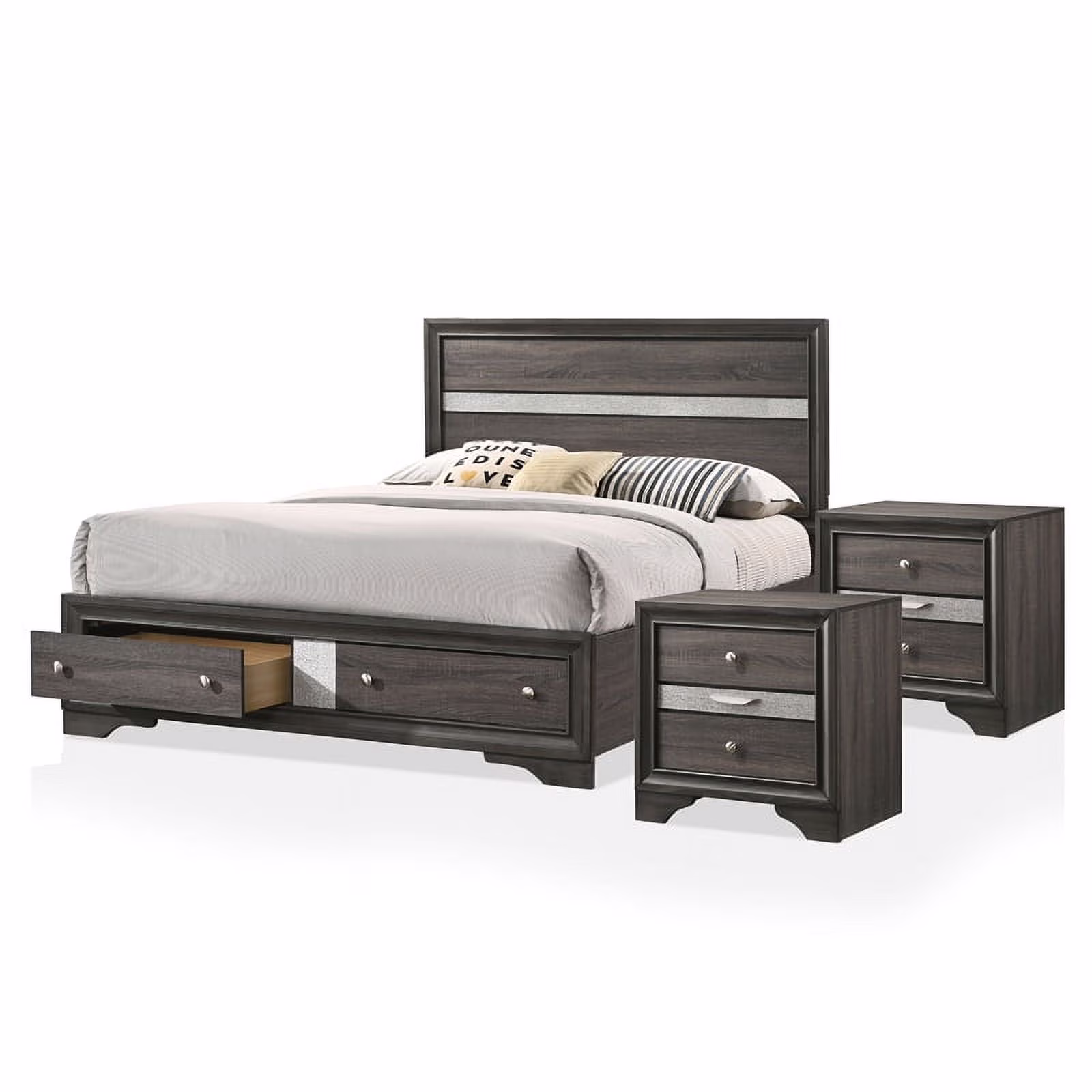 FOA Laren Contemporary 3-Piece Gray Wood Bedroom Set - King + 2 Nightstands