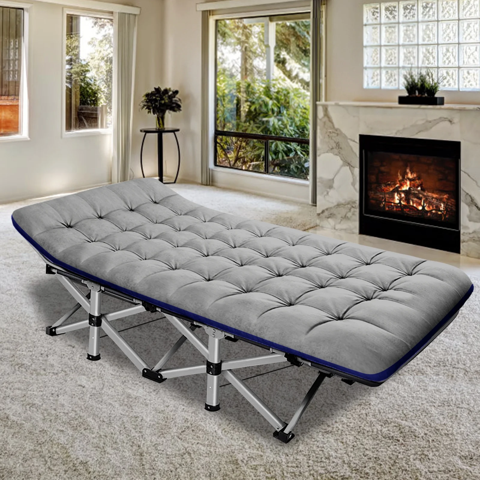 MOPHOTO Adult Folding Camping Cots, Updated Folding Cots Portable, Heavy Duty Sleeping Bed with Carrying Bag (Stripe Cot & Blue Pad)