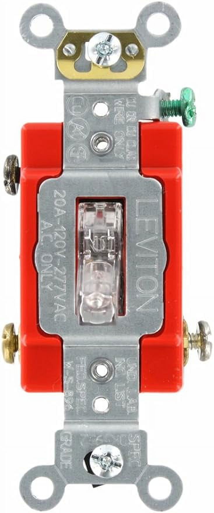 Leviton 1221-PLC 20-Amp, 120 Volt, Toggle Pilot Light, Illuminated On, Req, Neutral Single-Pole AC Quiet Switch, Extra Heavy Duty Grade, Self Grounding, Clear