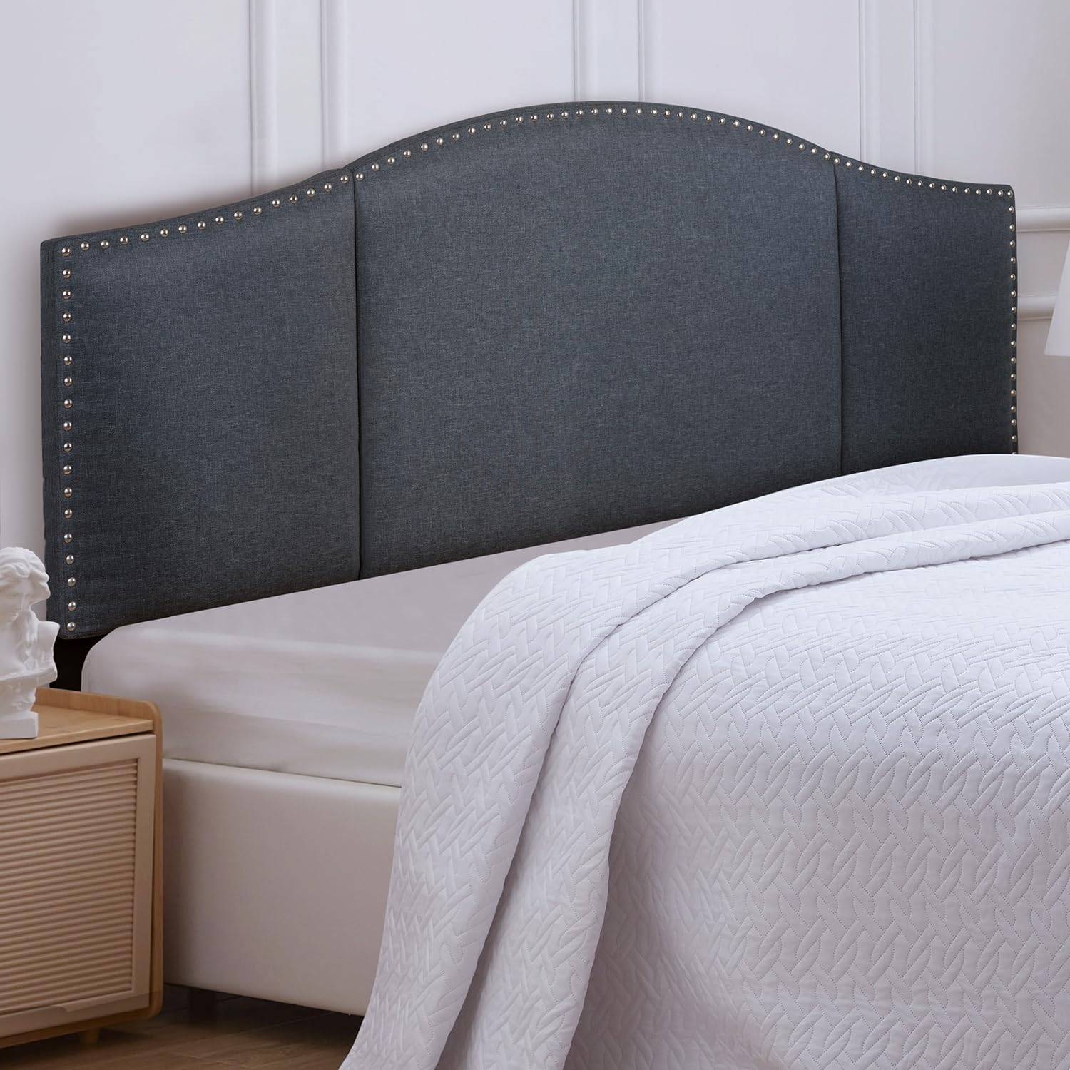 YGDU Linen Fabric Upholstered King Size Headboard with Nailheads Trim Platform, Adjustable Height Head Board, Dark Gray