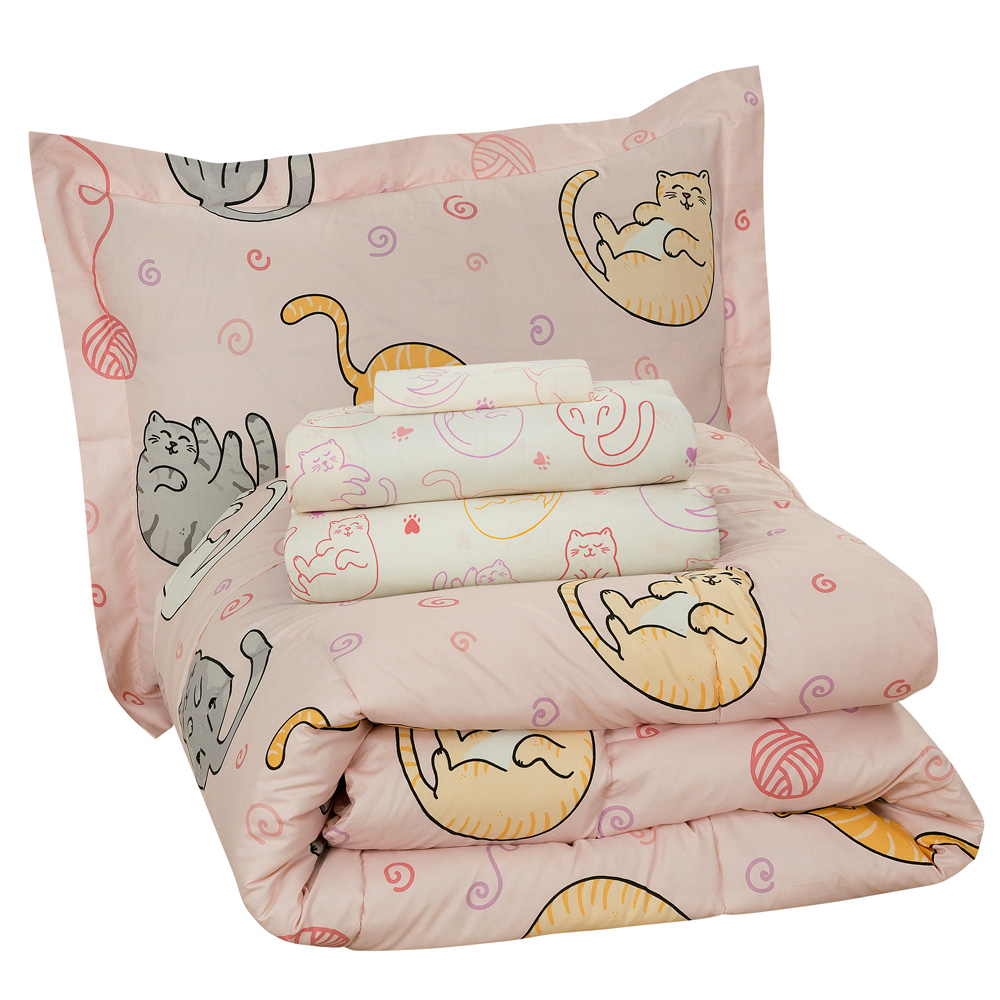 Twin 5-Piece Comforter Set, Kids Mix Sleepy Cats Bed-in-a-Bag