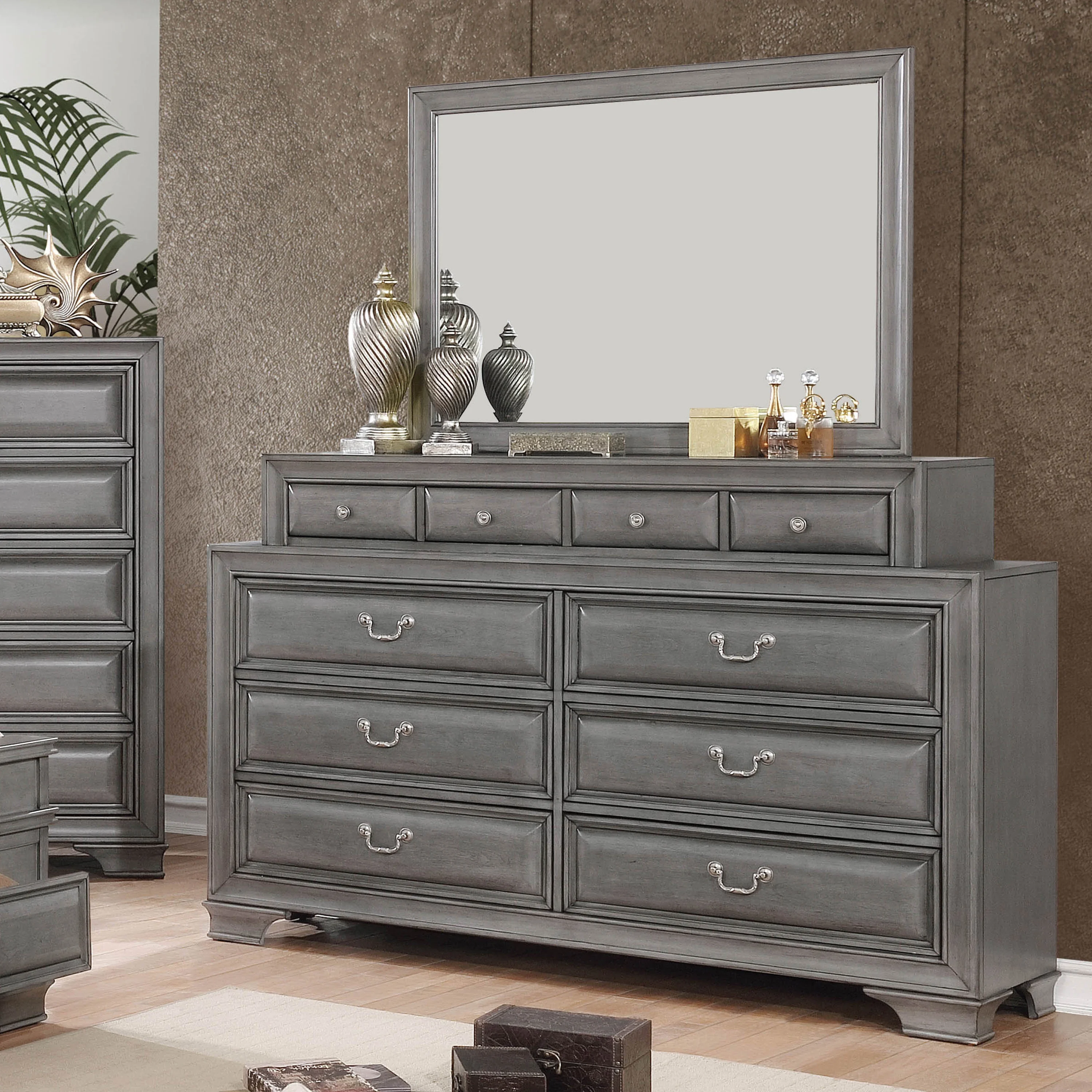 Furniture of America Damien 2-Piece Dresser and Mirror Set, Gray