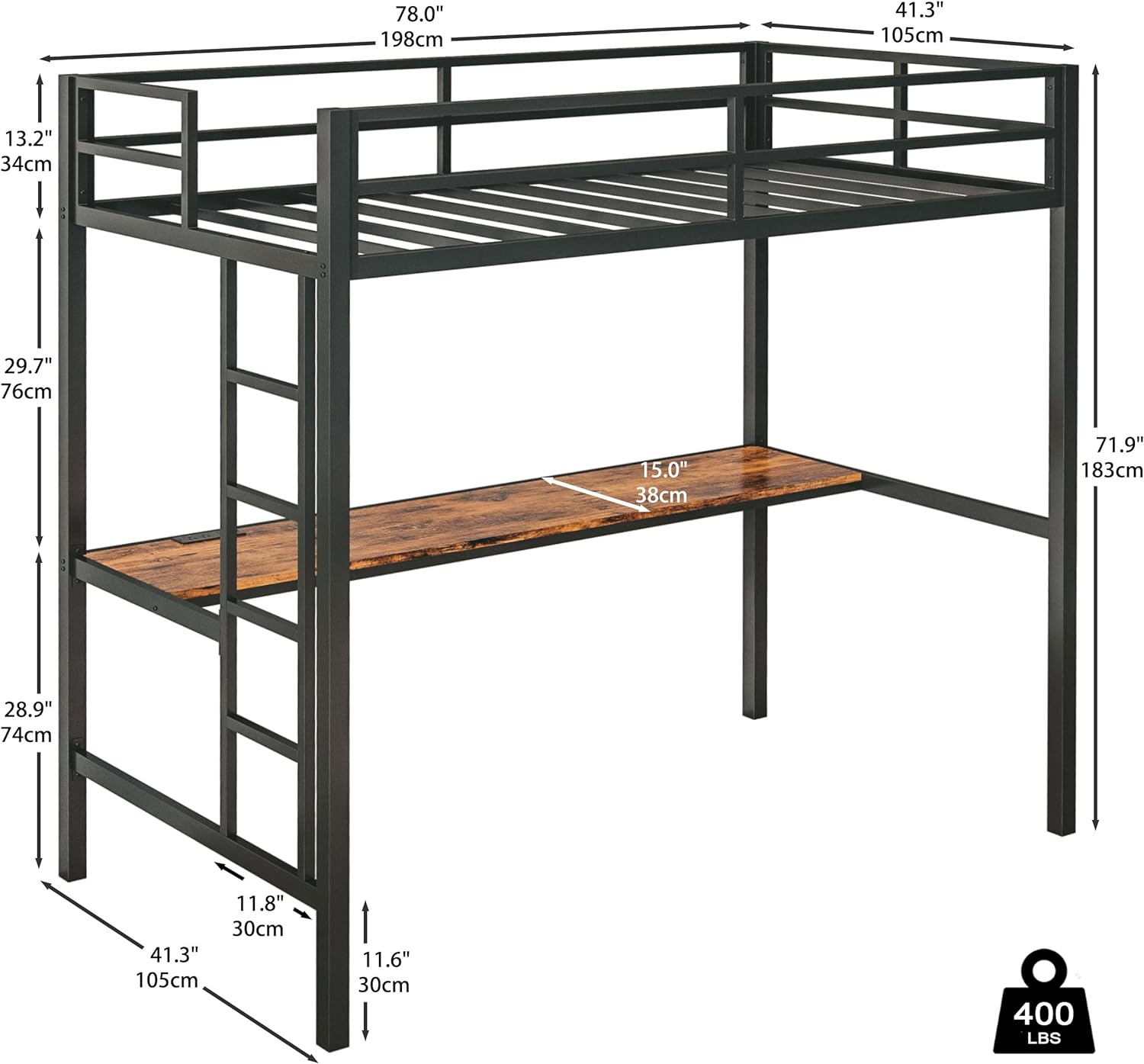 Loft Bed Twin Size with Desk, Safety Guardrail and Stairs, Metal Loft Bed Frame with Power Outlet and LED Lighted, Space-Saving, Noise Free, Black