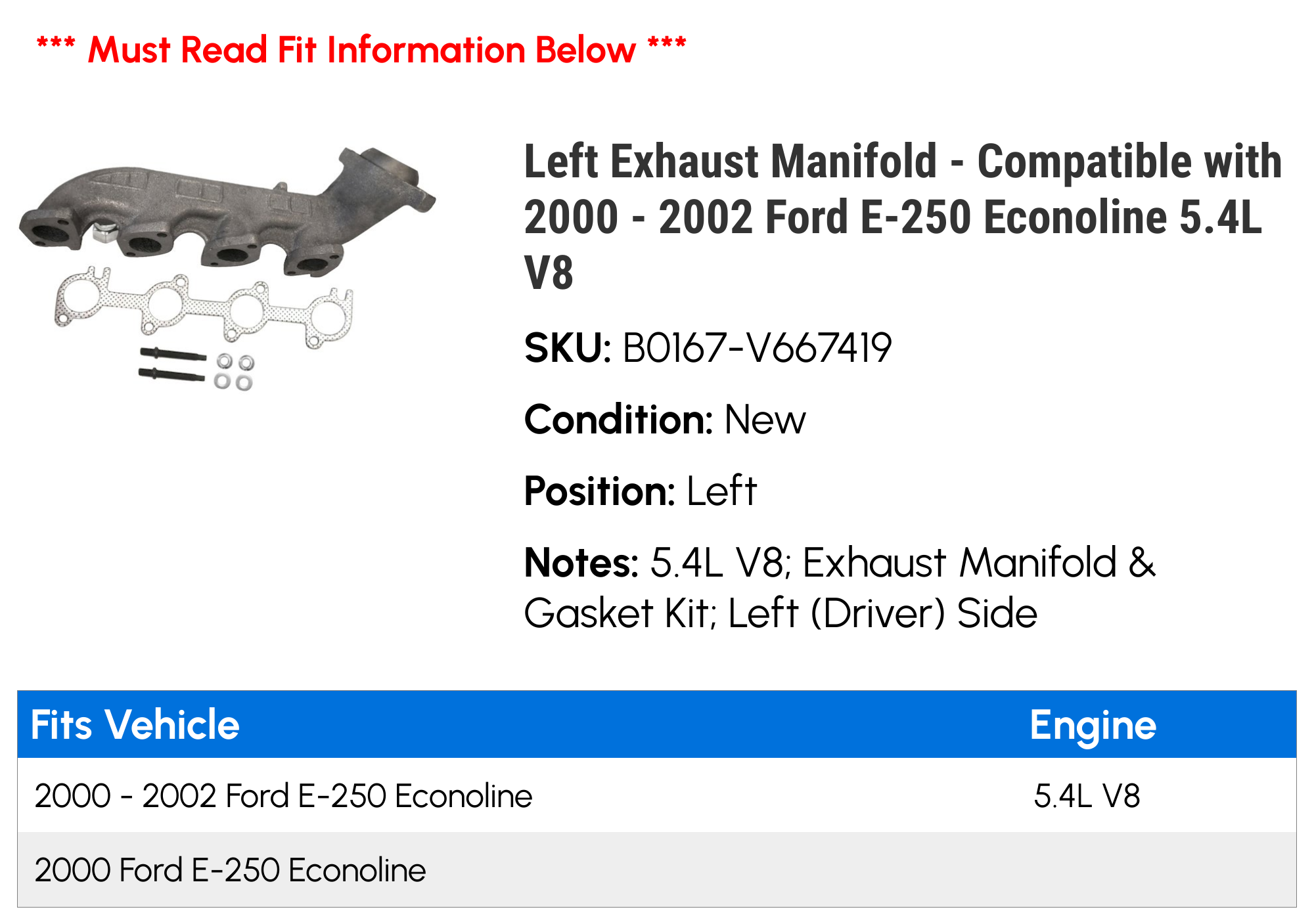 Left Exhaust Manifold - Compatible with 2000 - 2002 Ford E-250 Econoline 5.4L V8 2001
