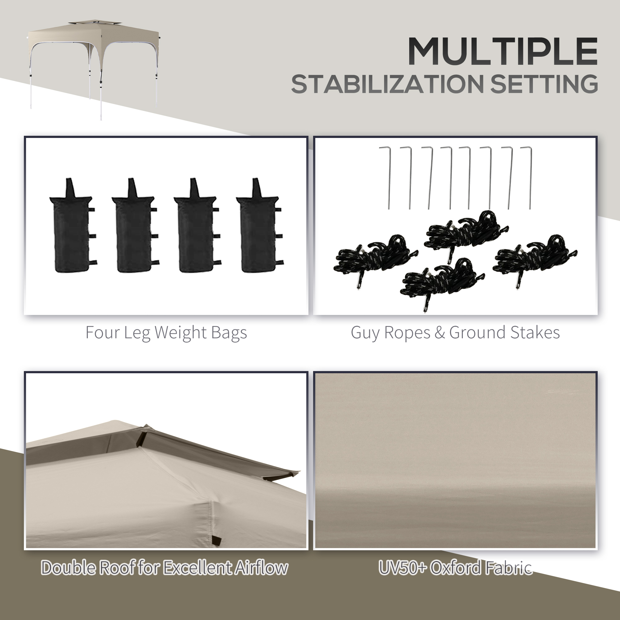 Outsunny 10' x 10' Pop Up Canopy Tent with Netting, Instant Gazebo Shelter, Height Adjustable, with Carry Bag and 4 Sand Bags, 100 Square Feet of Shade, Khaki