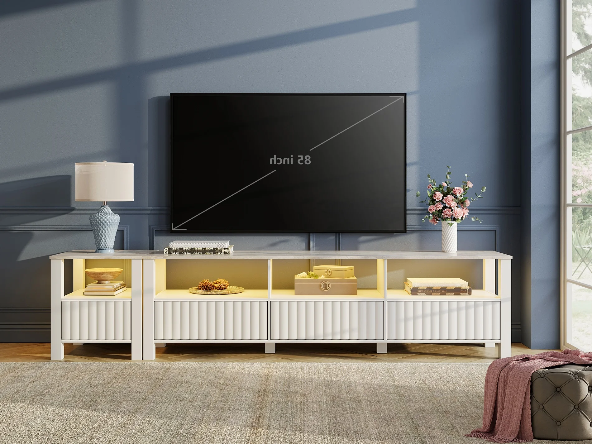 White TV Stand for 85 Inch TV, Modern Entertainment Center for 75 80 90 Inch TV with Storage Cabinet, LED TV Console Tablet for Living Room Bedroom Office
