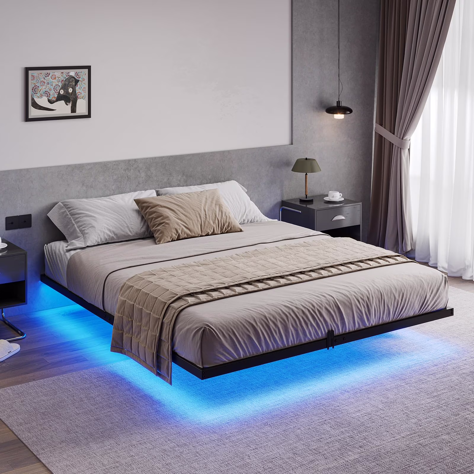 Queen Size Floating Bed Frame with LED Lights, Metal Platform Queen Bed, No Box Spring Needed, Black
