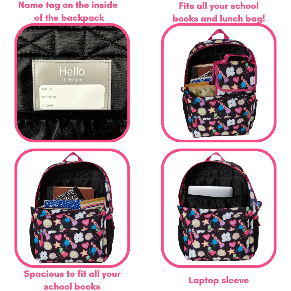 Club Libby Lu Heart Love Girls Backpack with Lunch Box and Water Bottle 6 Piece Set 16 inch Black