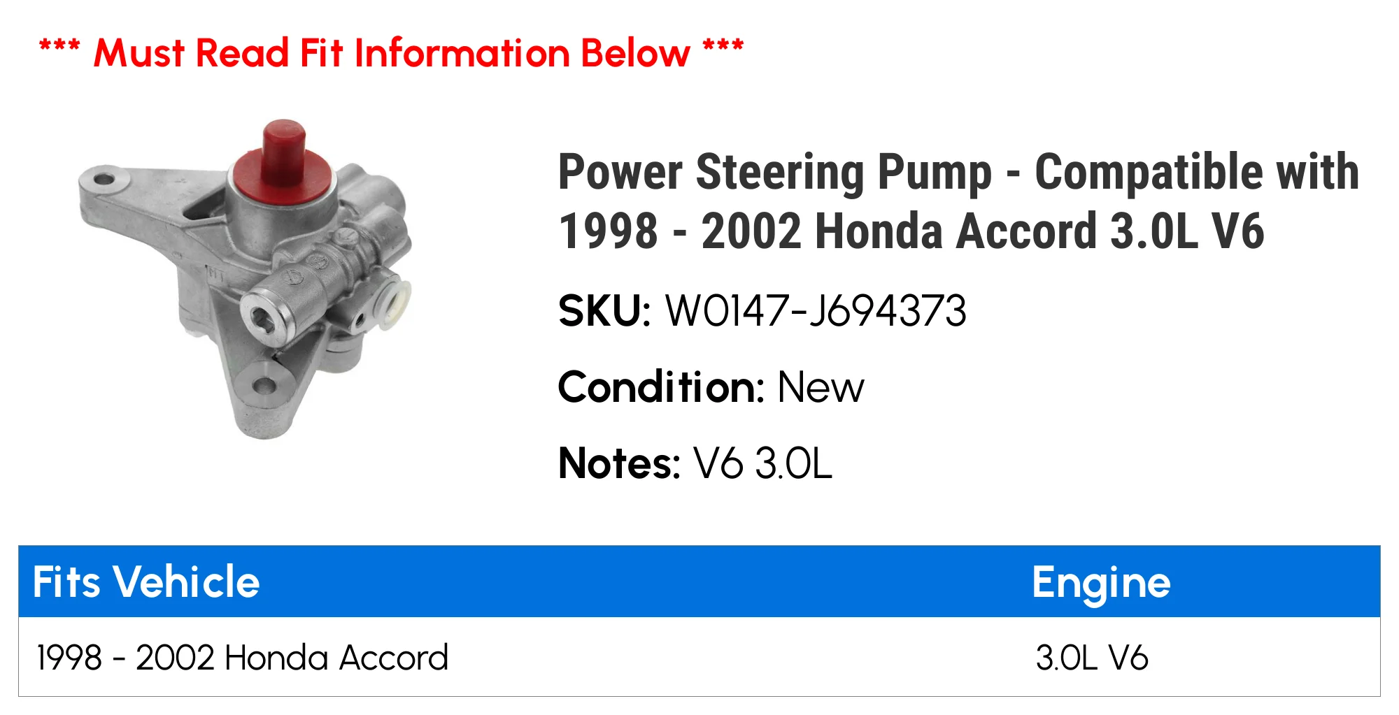 Power Steering Pump - Compatible with 1998 - 2002 Honda Accord 3.0L V6 1999 2000 2001