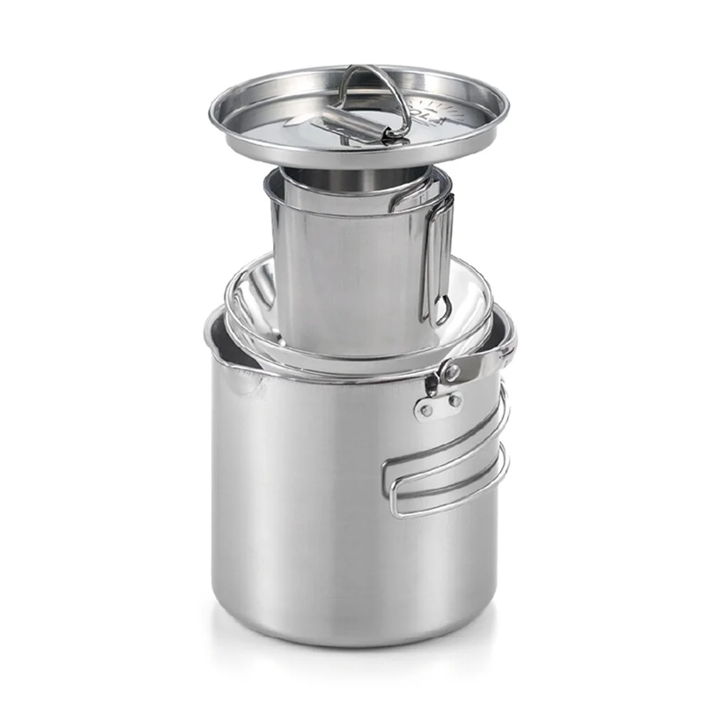 5pcs Camping Cookware Mess Kit Polished Stainless Steel Cooking Pot Kettle with Cups Bowls for Outdoor Camping Backpacking Picnics