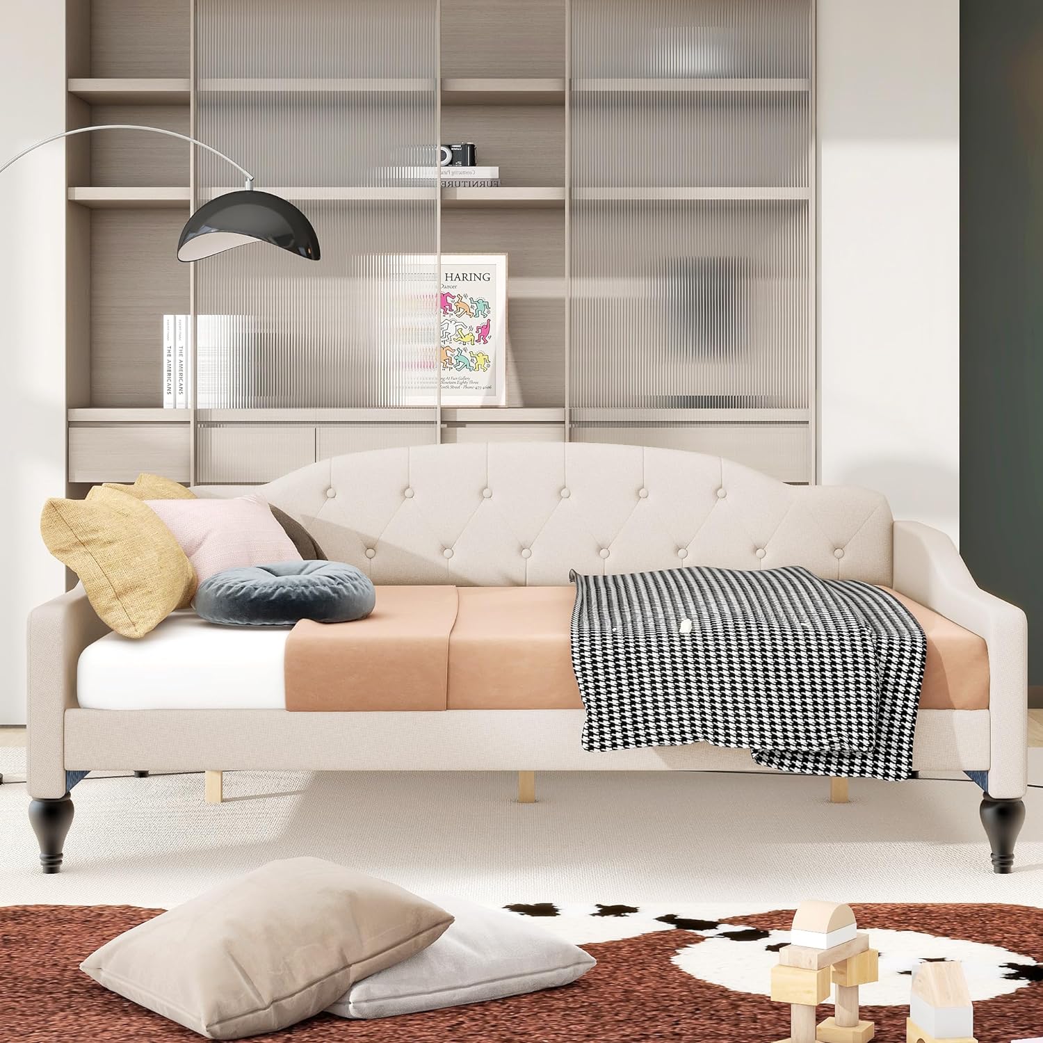 Upholstered Full Size Daybed Frame With Wigback Desig,Moder Lie Butto Tufted Daybed,Woode Full Sofa Daybed Frame For Livig Room,Bedroom,o Box Sprig eeded,Beige HZG-GX001325AAA