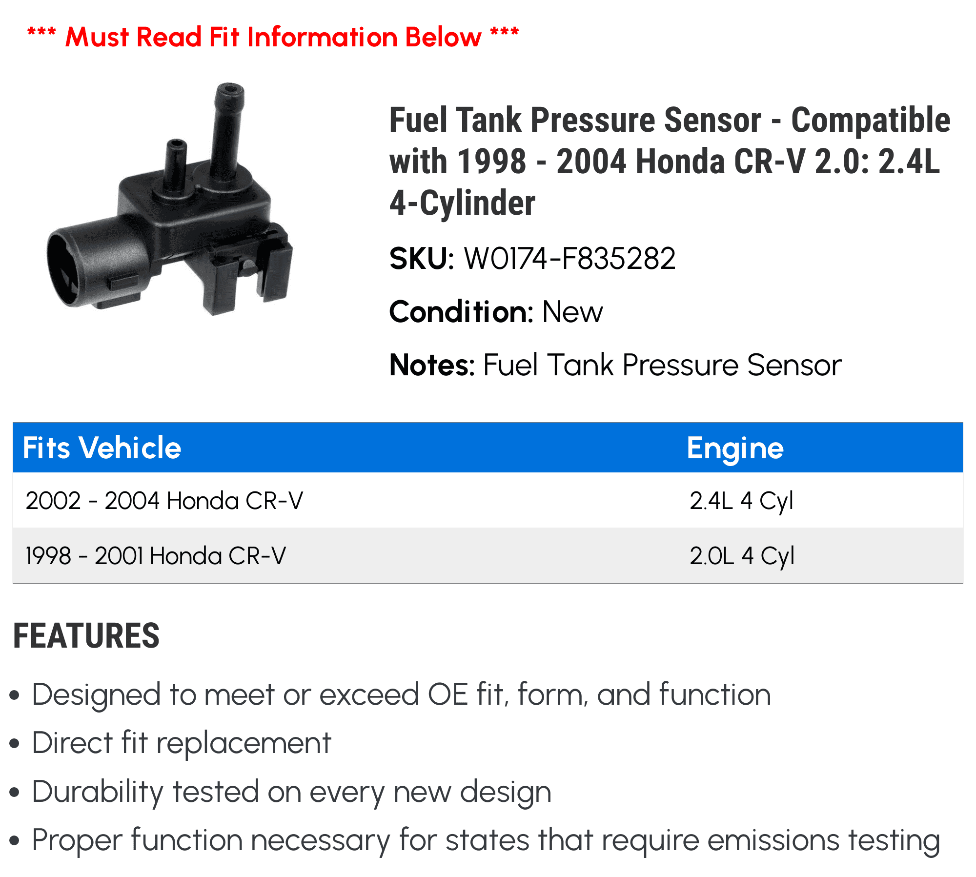 Fuel Tank Pressure Sensor - Compatible with 1998 - 2004 Honda CR-V 2.0: 2.4L 4-Cylinder 1999 2000 2001 2002 2003