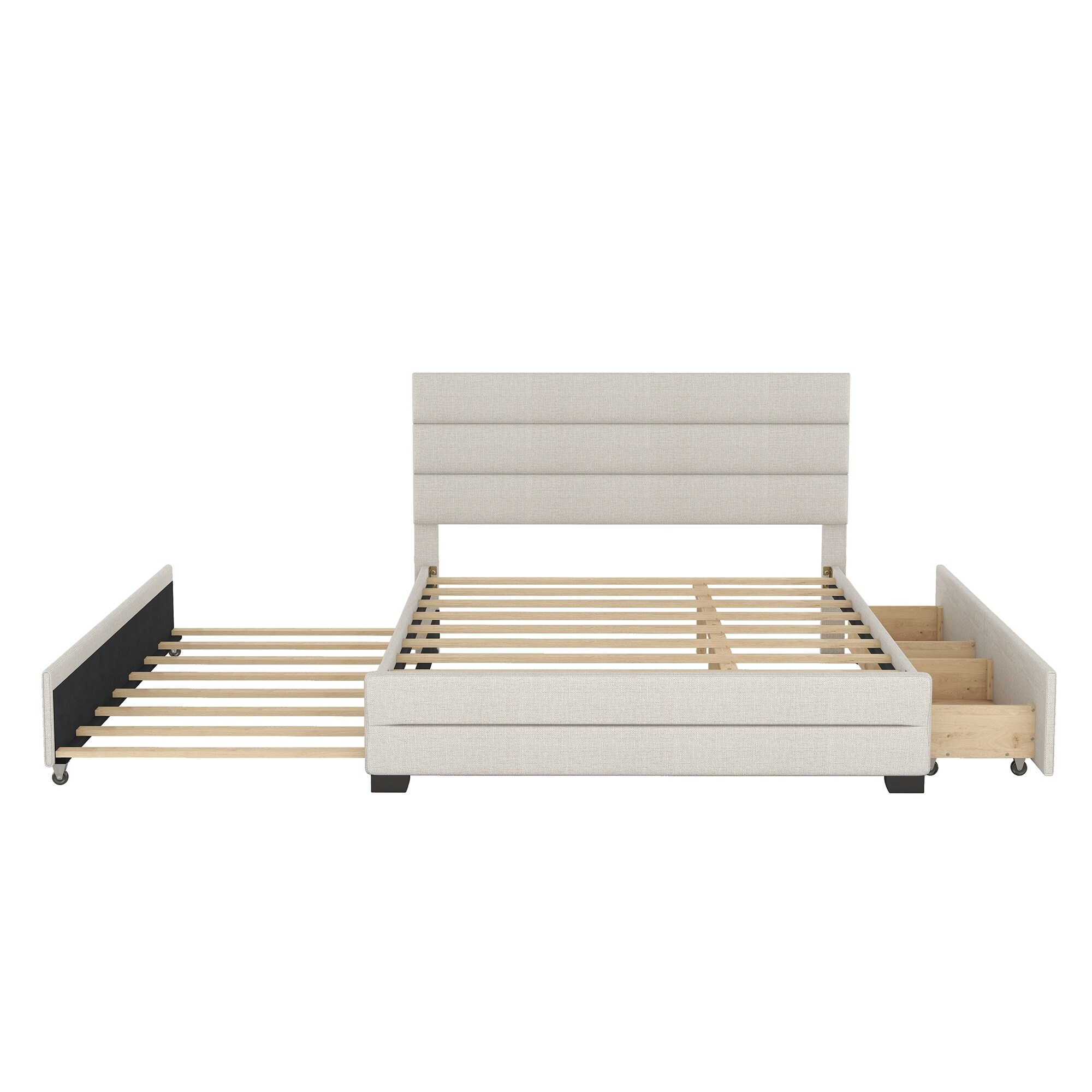 Queen Upholstered Platform Bed with Twi Trundle and 2 Drawers, Beige