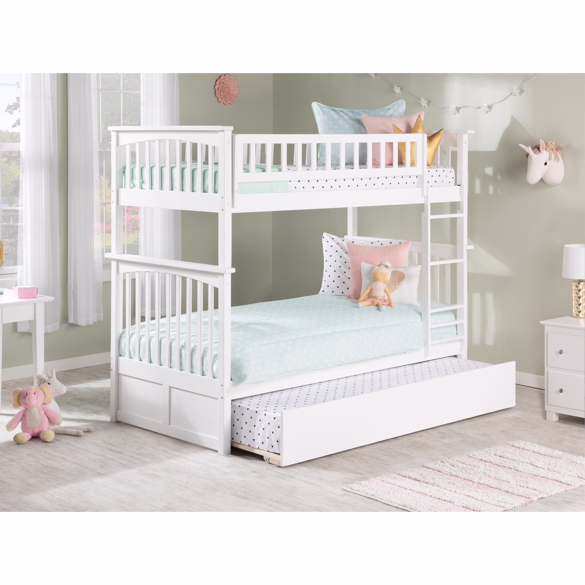 Columbia Bunk Bed Twin over Twin with Twin Size Urban Trundle Bed in White