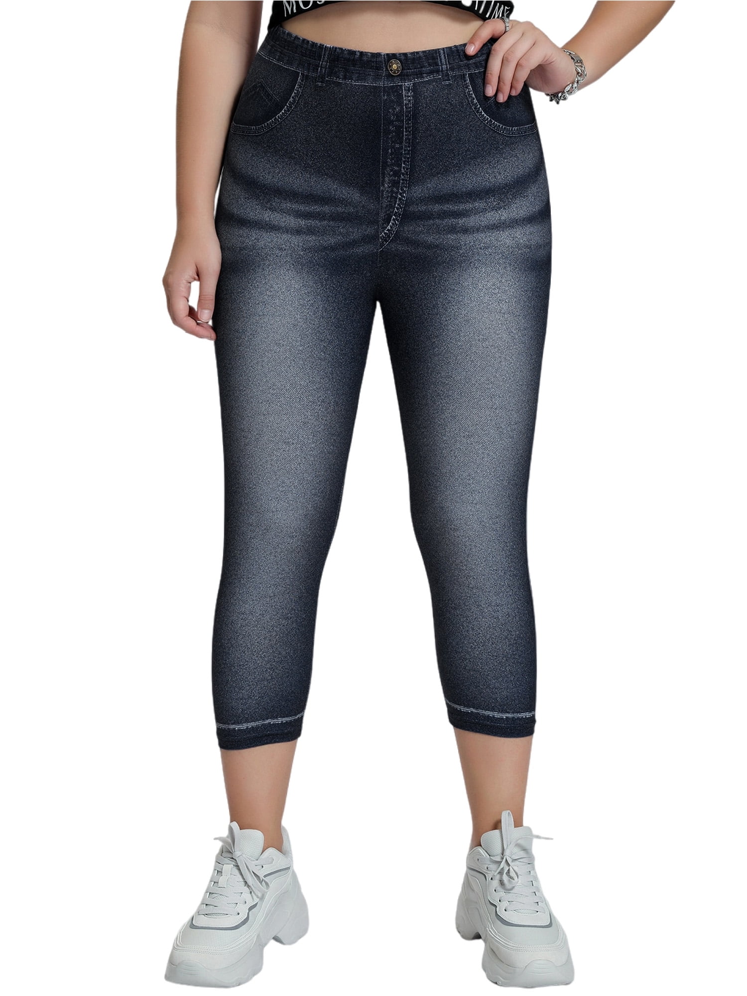 Niuer Ladies Capri Fake Jeans Oversized Look Print Jeggings Plus Size Printed Denim Leggings Stretch Pencil Pants High Waist Trousers Black 5XL