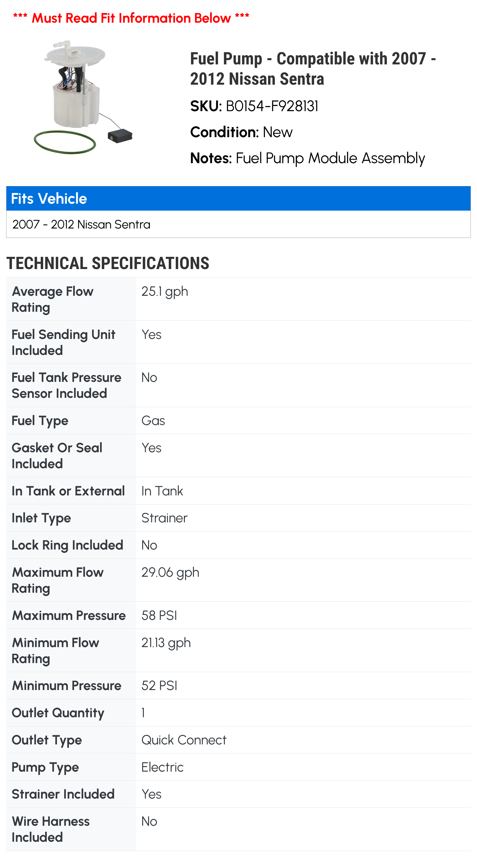 Fuel Pump - Compatible with 2007 - 2012 Nissan Sentra 2008 2009 2010 2011