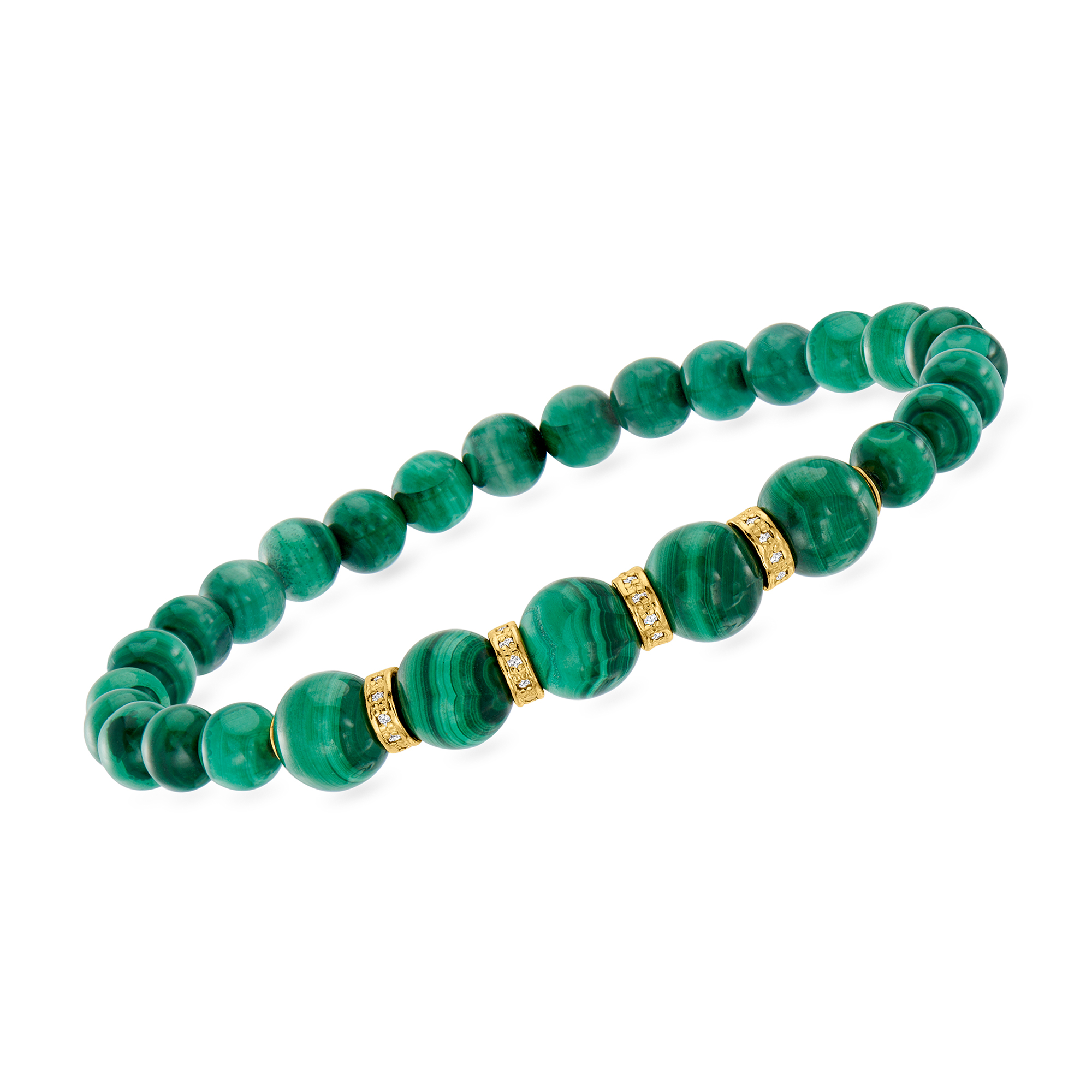 Ross-Simons 6-8mm Malachite Bead and .24 ct. t.w. Diamond Stretch Bracelet With 18kt Gold Over Sterling, Women's, Adult