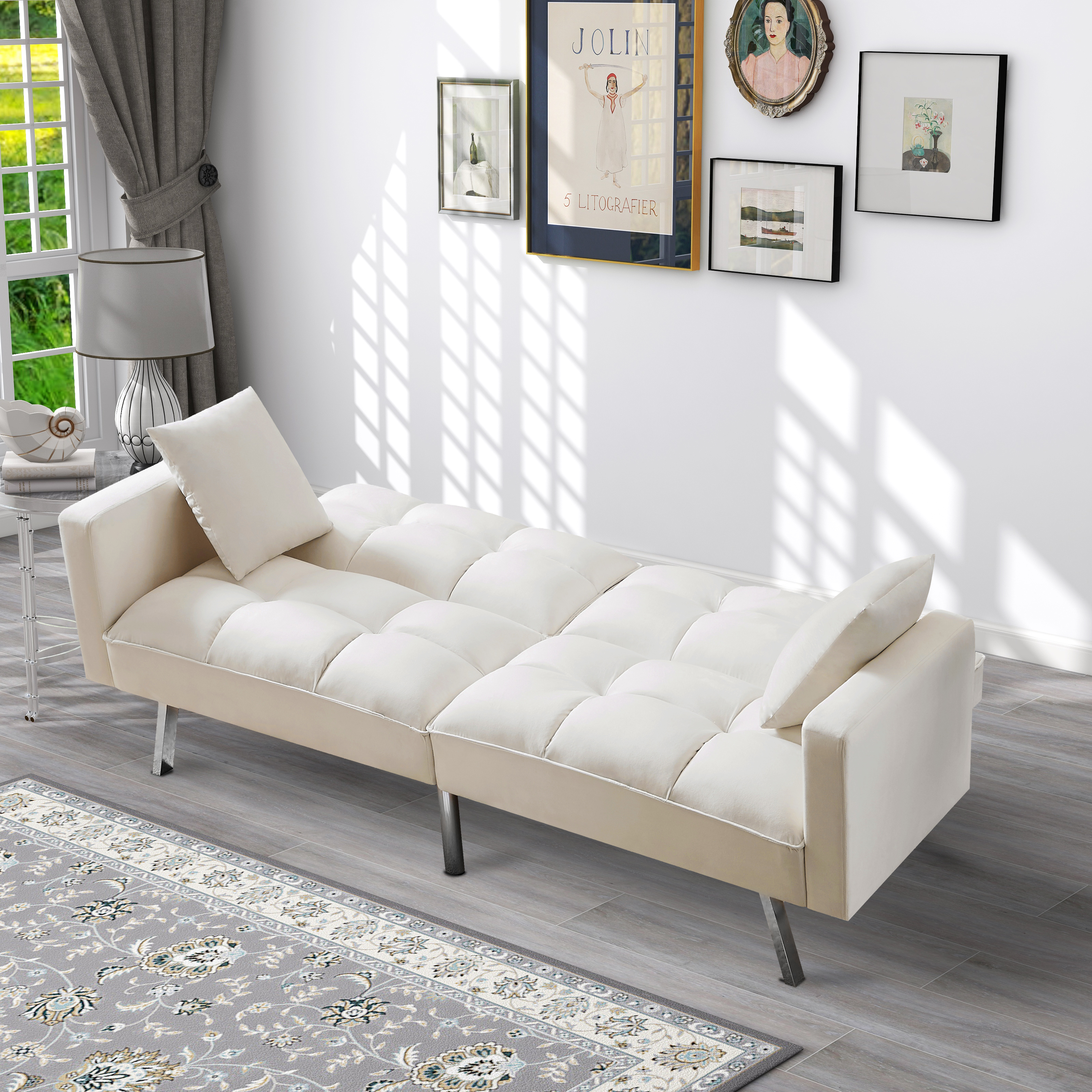 BSHTI Convertible Sofa Bed,Velvet Futon Sofa ,Sleeper Couch with Armrest and 2 Pillows for Living Room,Office( Beige)