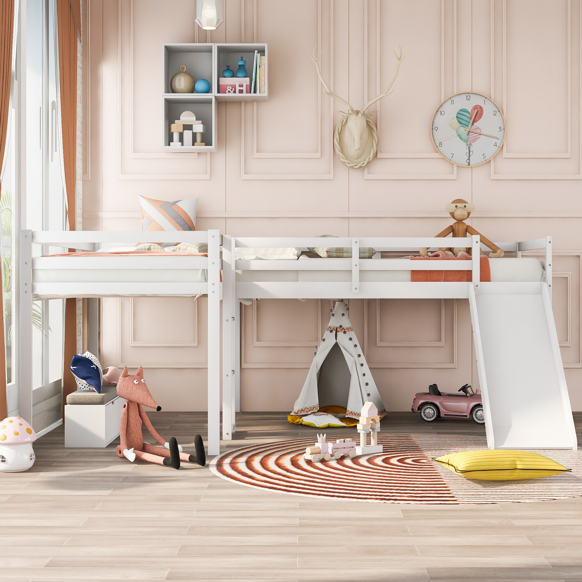 Innovative L-Shaped Twin Size Loft Bed with Ladder and Slide, Solid Pine Wood Loft Bedframe with Ample Under Bed Space, White