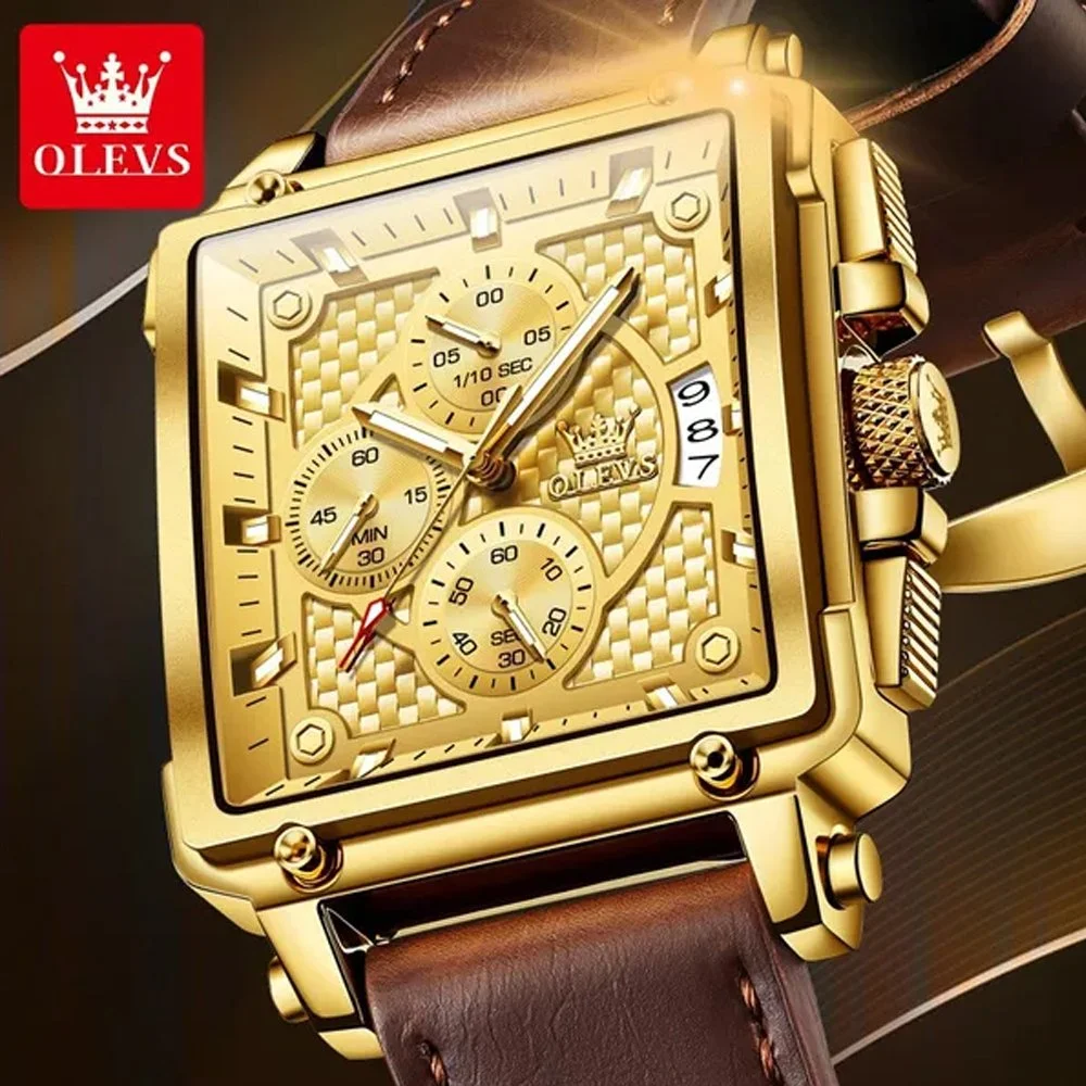 OLEVS Men's Square Watch Brown Leather Chronograph Fashion Business Watch Luminous Waterproof Casual Watch Luxury Men's Watch