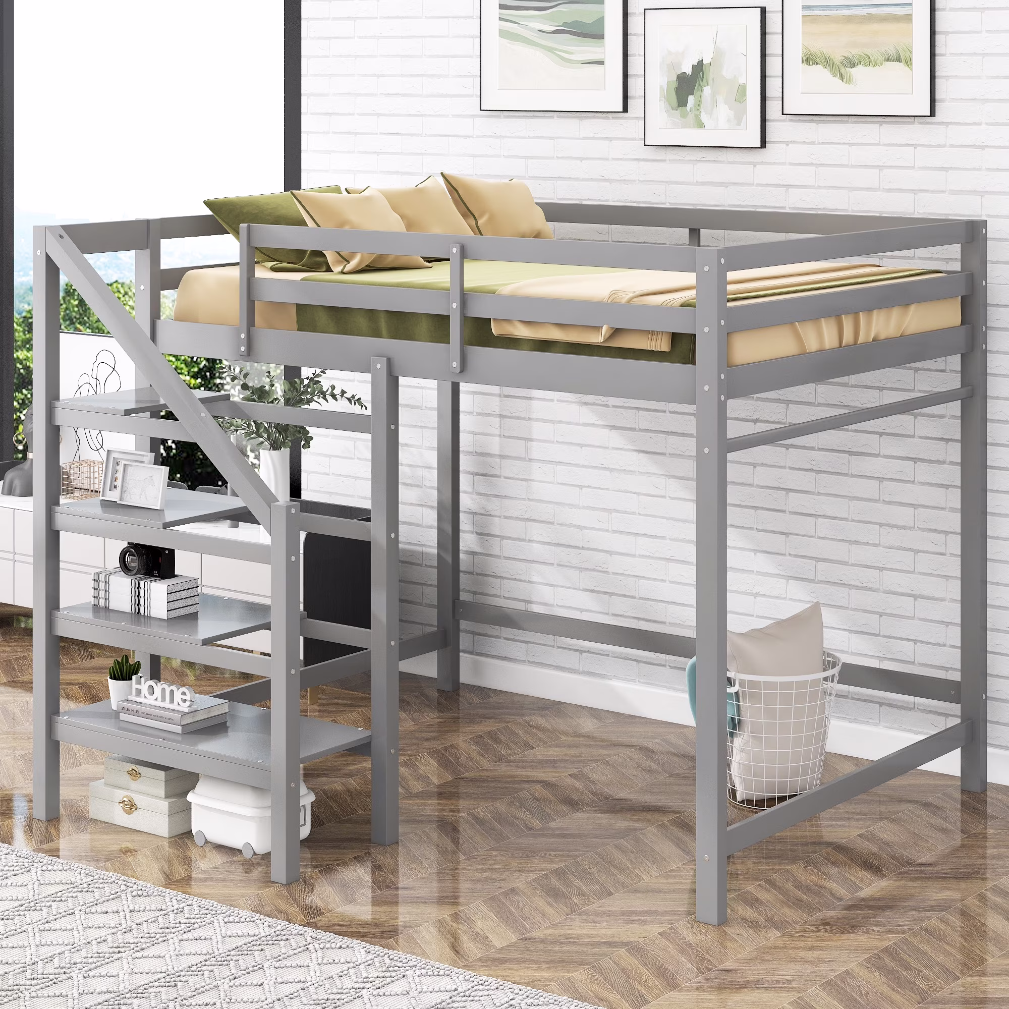 Euroco Wood Full Size Loft Bed with Shelf and Hanger for Kids Bedroom, Gray