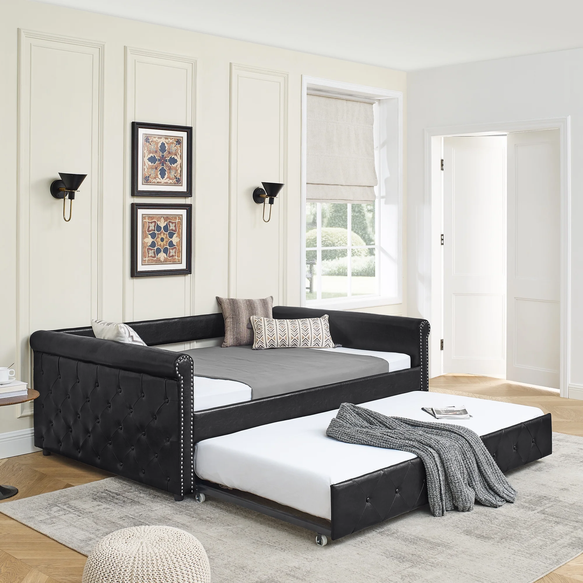 CoSoTower Daybed With Trundle Upholstered Tufted Sofa Bed, With Button And Copper Nail On Arms, Full Daybed & Twin Trundle, Pu Black, 85.5“X57”X30.5“