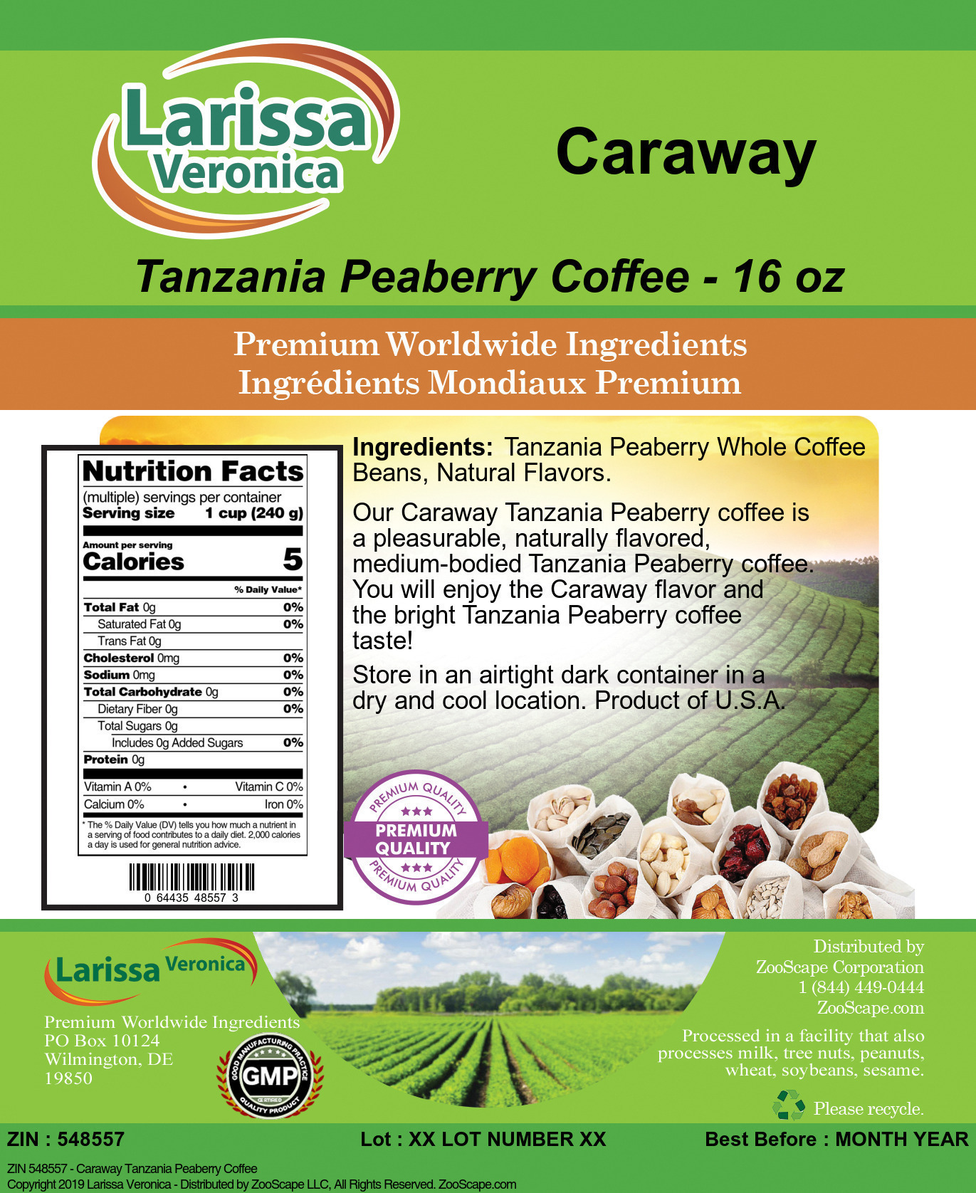 Larissa Veronica Caraway Tanzania Peaberry Coffee, (Caraway, Whole Coffee Beans, 16 oz, 1-Pack, Zin: 548557)