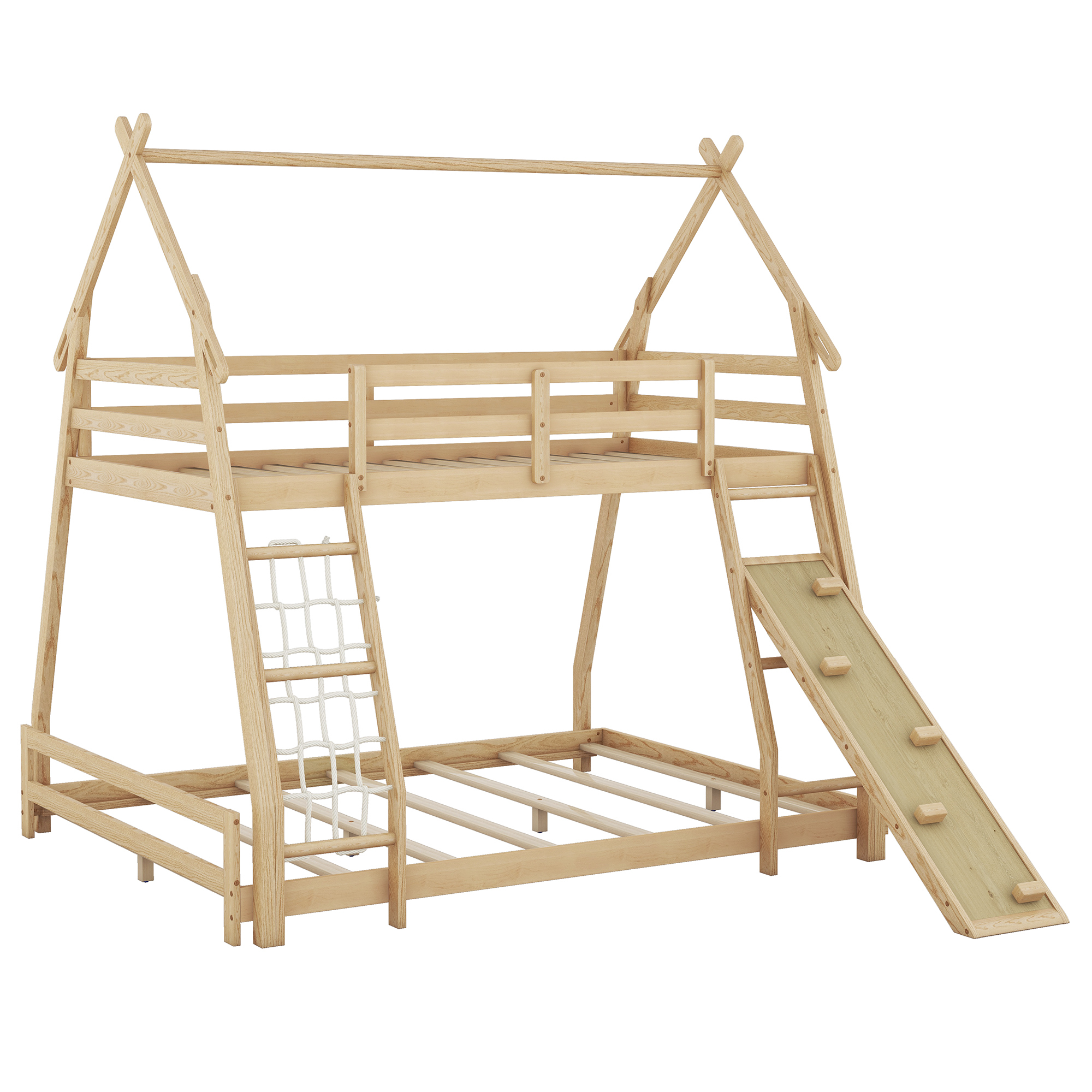 Dawn Whisper Twin over Queen House Bunk Bed with Climbing Nets and Climbing Ramp, Natural
