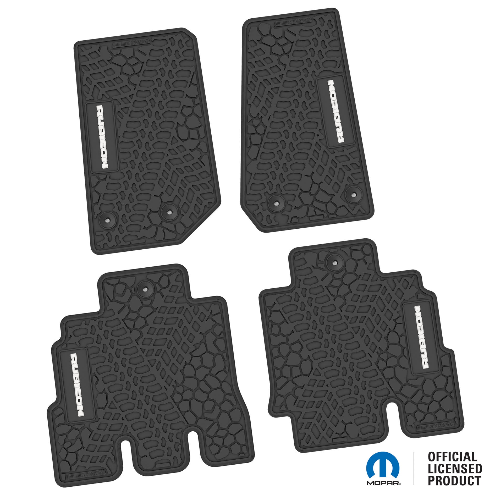 Jeep Floor Mats 14-18 Jeep Wrangler JKU 4 Dr 4 Piece Tire Tread/Scorched Earth Scene w/ Rubicon Insert - Black w/ White Insert FlexTread
