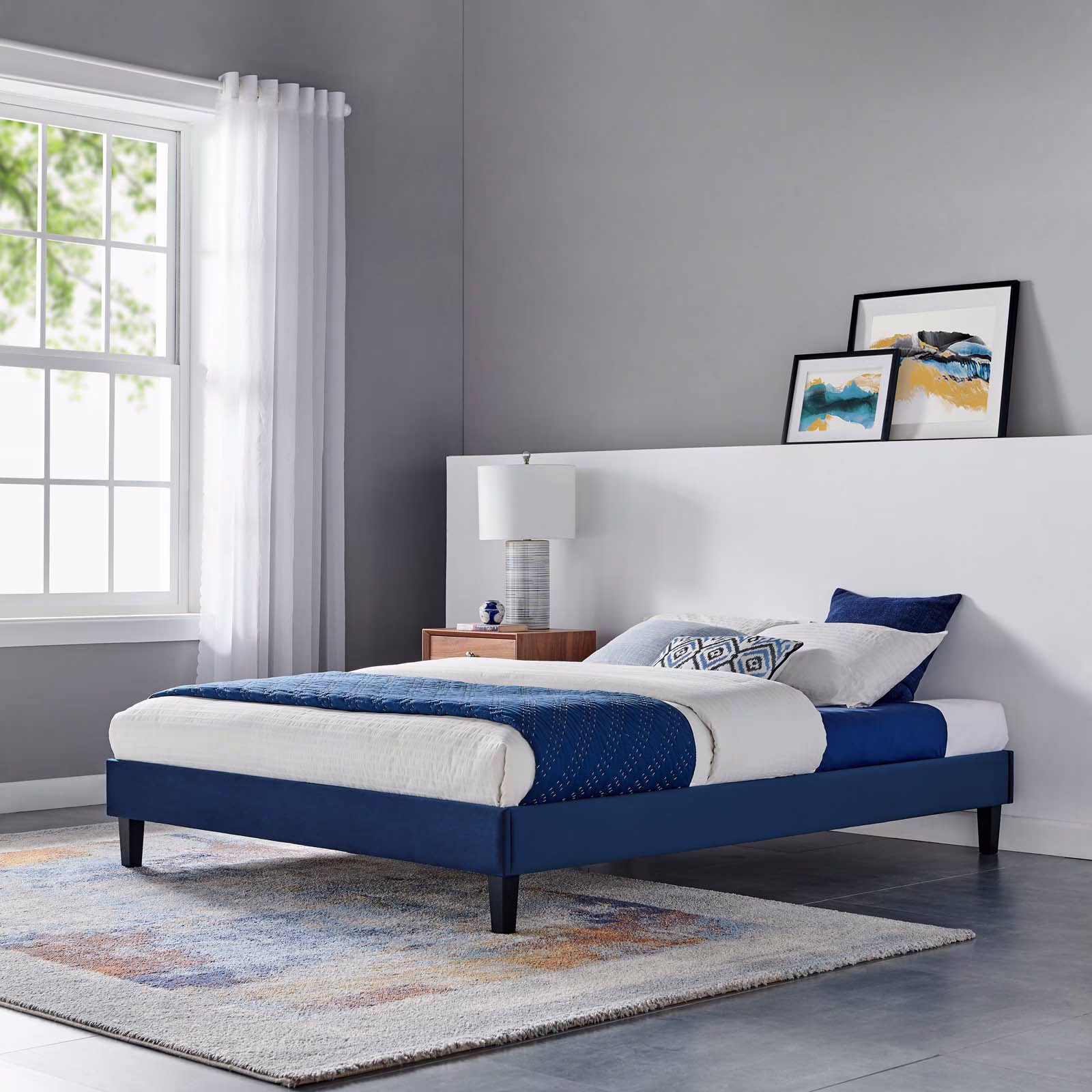 Modway Reign Twin Performance Velvet Platform Bed Frame in Navy