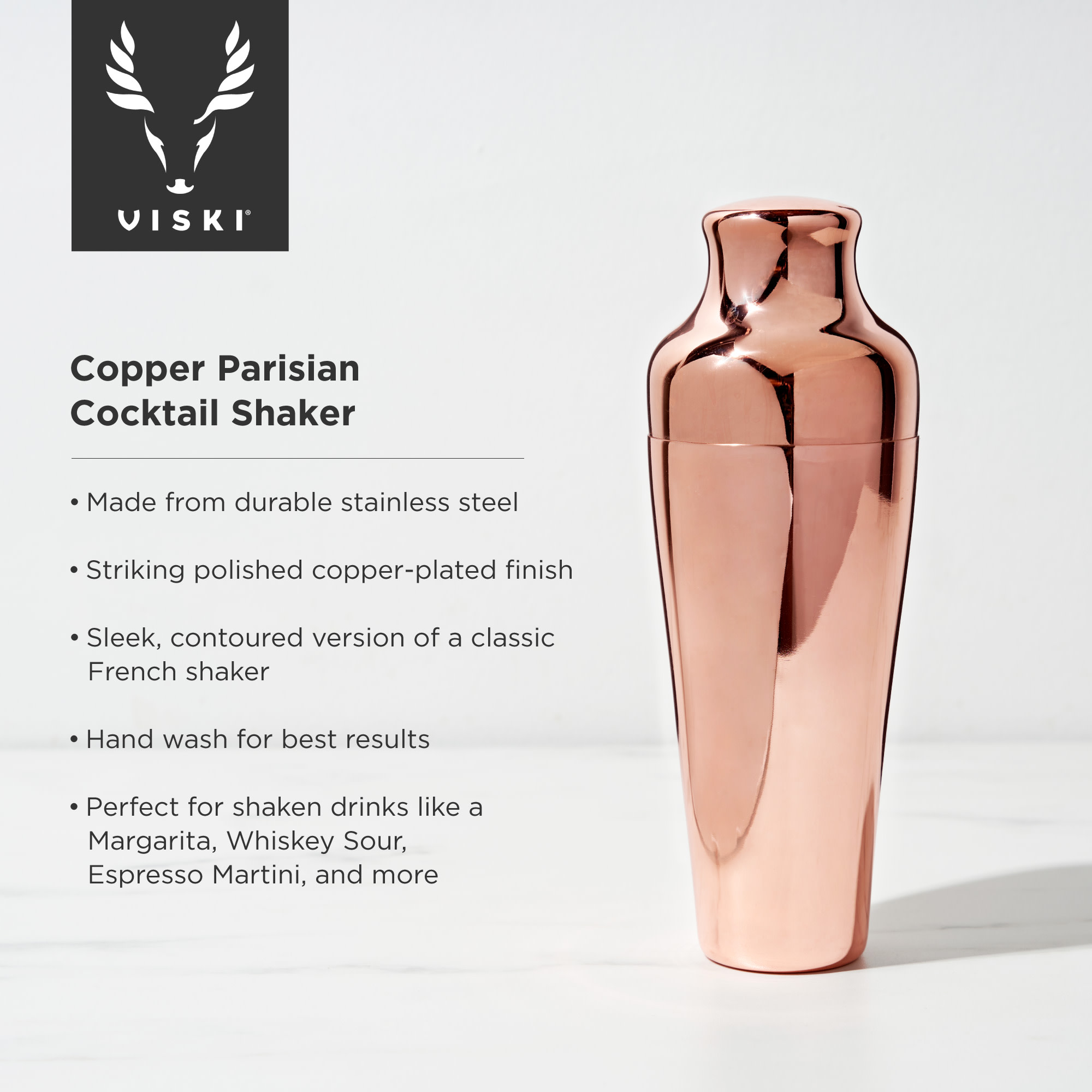 Viski Stainless Steel Contoured Shine Polished Parisian Cocktail Shaker, Copper