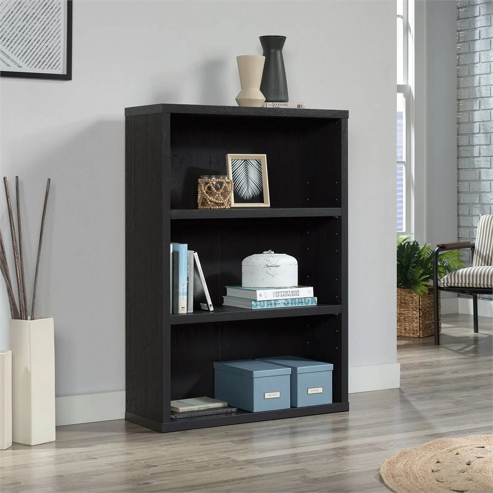 Pemberly Row Engineered Wood 3-Shelf Bookcase in Raven Oak