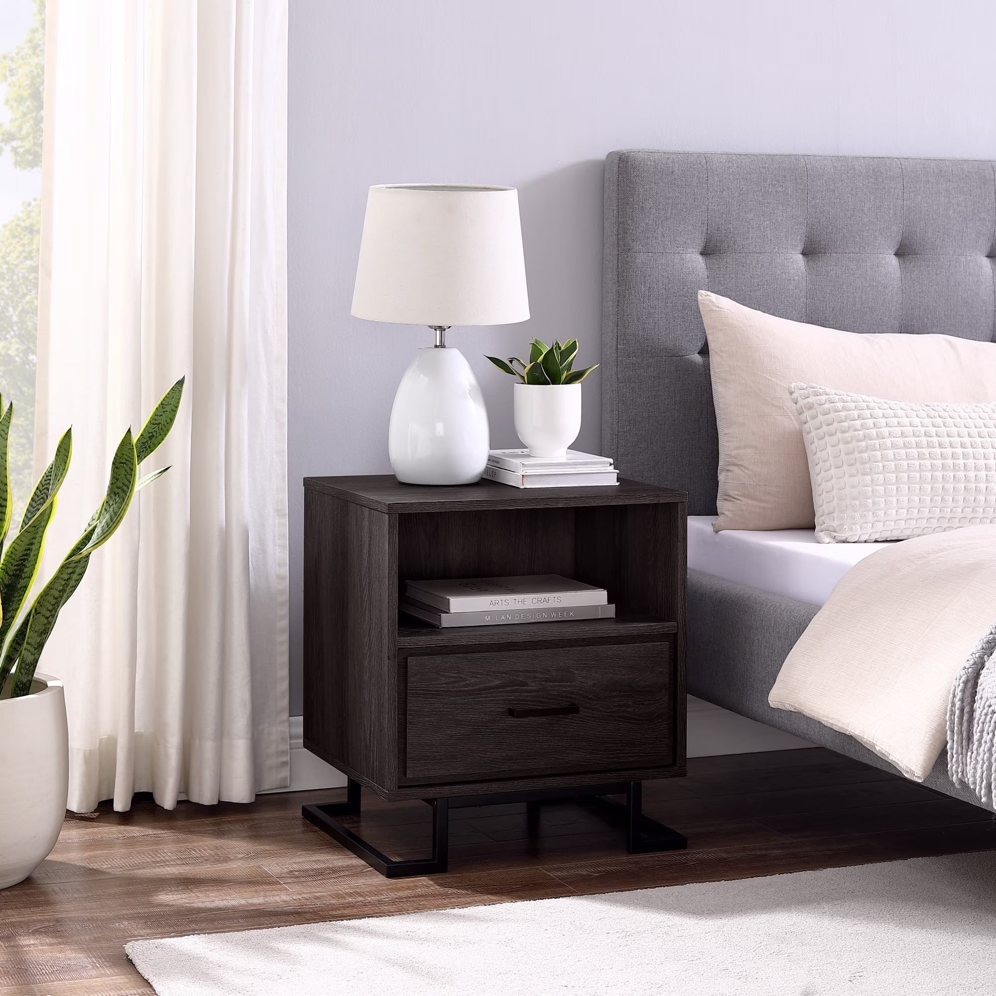 Walker Edison 20” Contemporary Metal-Leg Open Cubby Nightstand, Charcoal