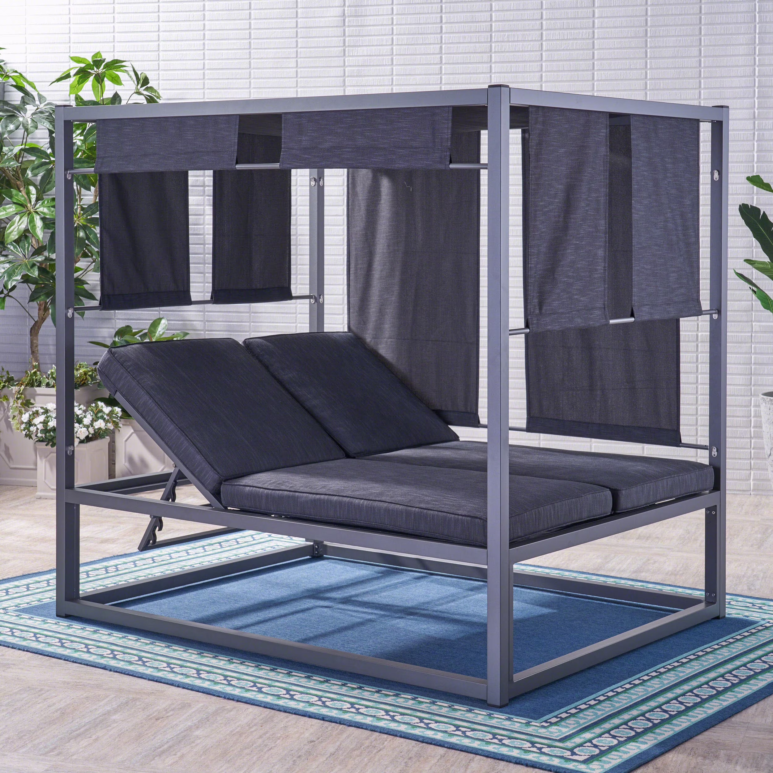 Chad Outdoor Aluminum Daybed with Canopy, Dark Grey, Grey