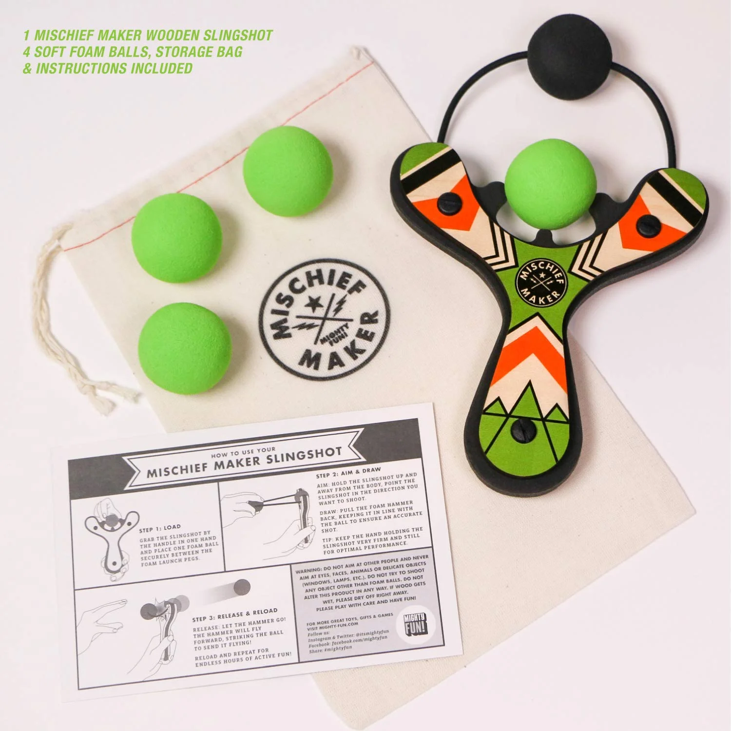 Mighty Fun! Mischief Maker Wooden Toy Slingshot Real Wood and Soft Foam Balls (Green Classic)