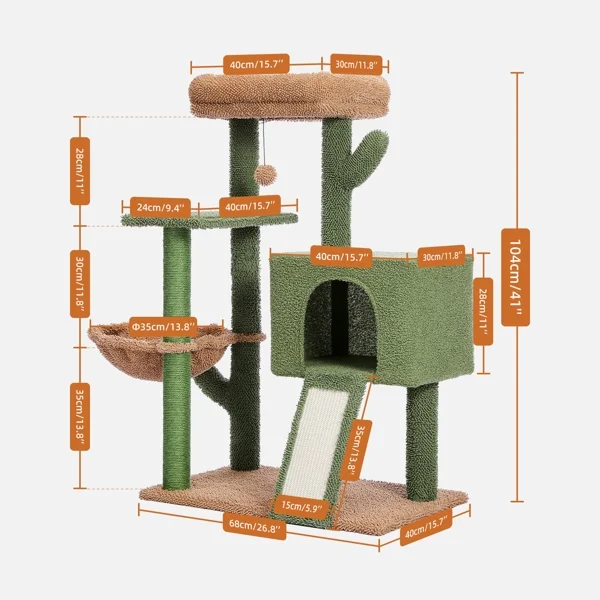 Fithood Cactus Cat Tree Cat Tower with Sisal Covered Scratching Post and Cozy Condo Cat Climbing Stand with Plush Perch &Soft Hammock for Indoor Cats(Minimum Retail Price for US: USD 79.99)