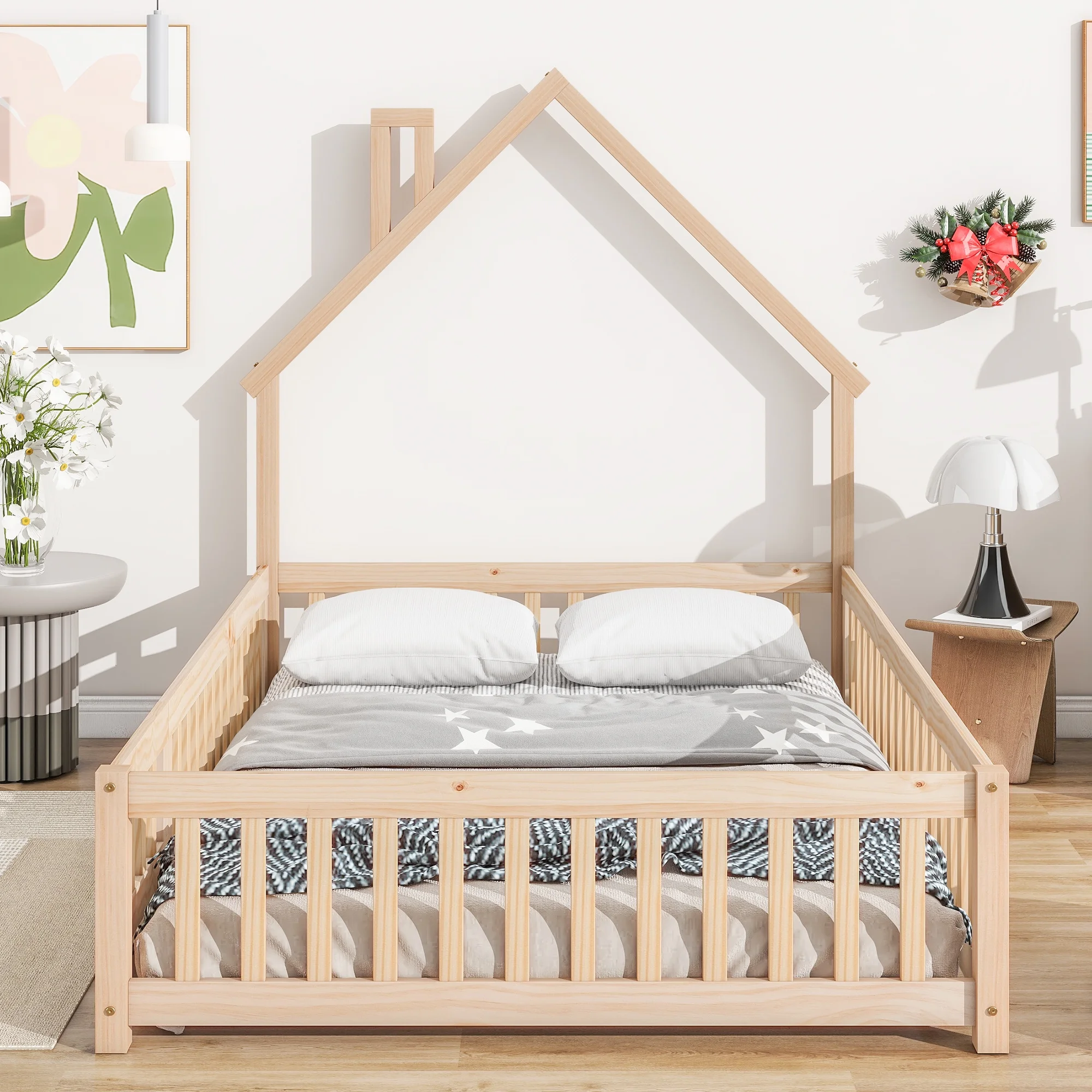 Full House-Shaped Headboard Floor Bed with Fence,Natural