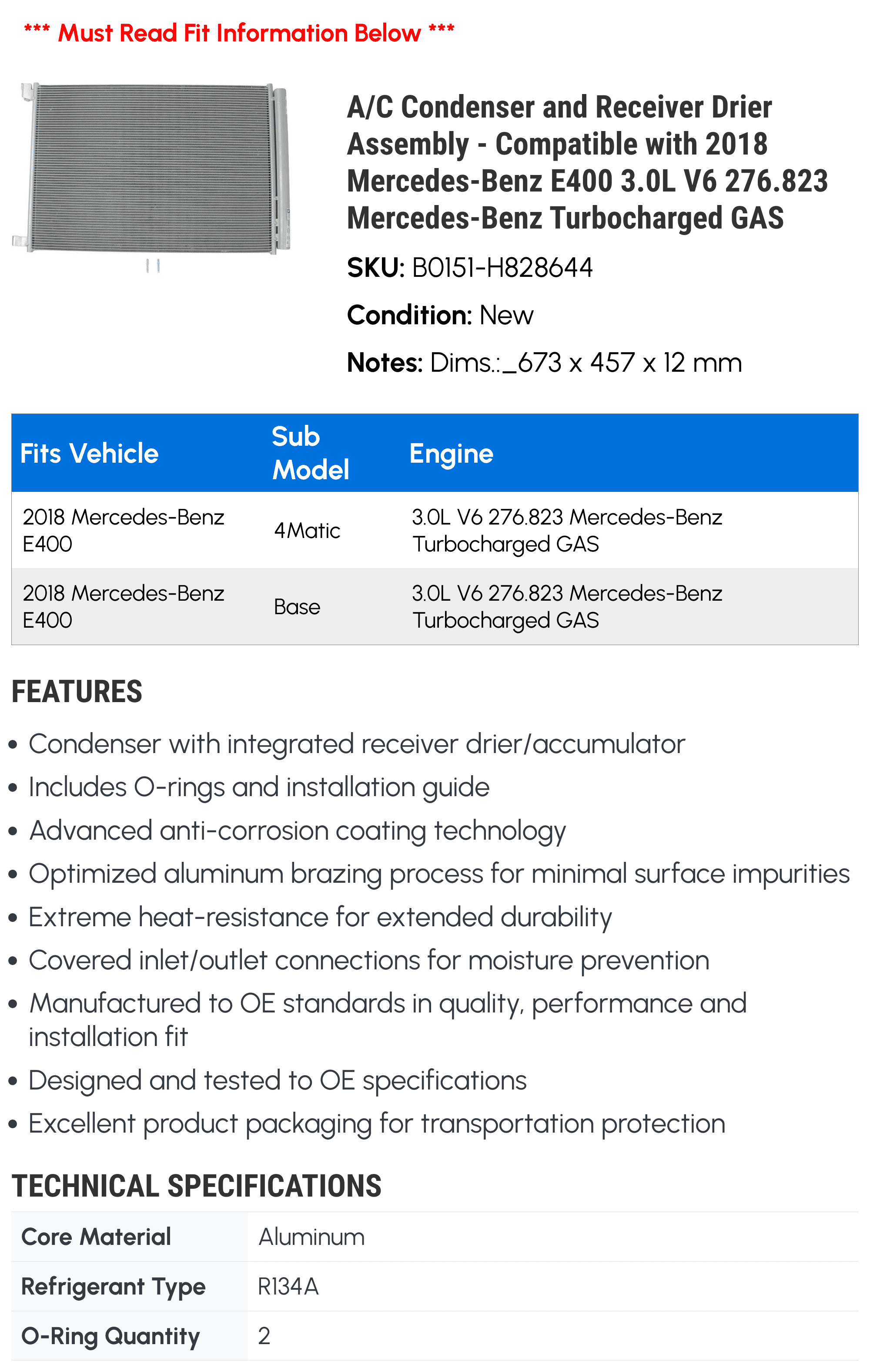 A/C Condenser and Receiver Drier Assembly - Compatible with 2018 Mercedes-Benz E400 3.0L V6 276.823 Mercedes-Benz Turbocharged GAS