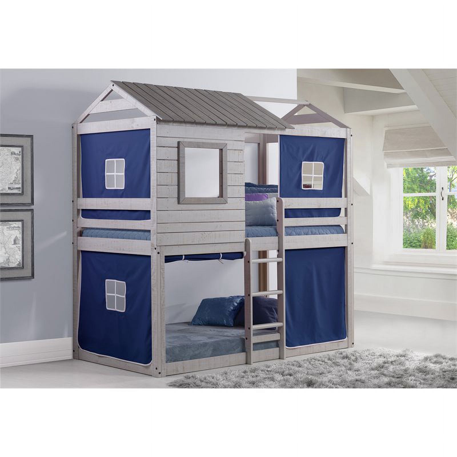 Pemberly Row Twin Over Twin Solid Wood Bunk Bed with Blue Tent in Gray