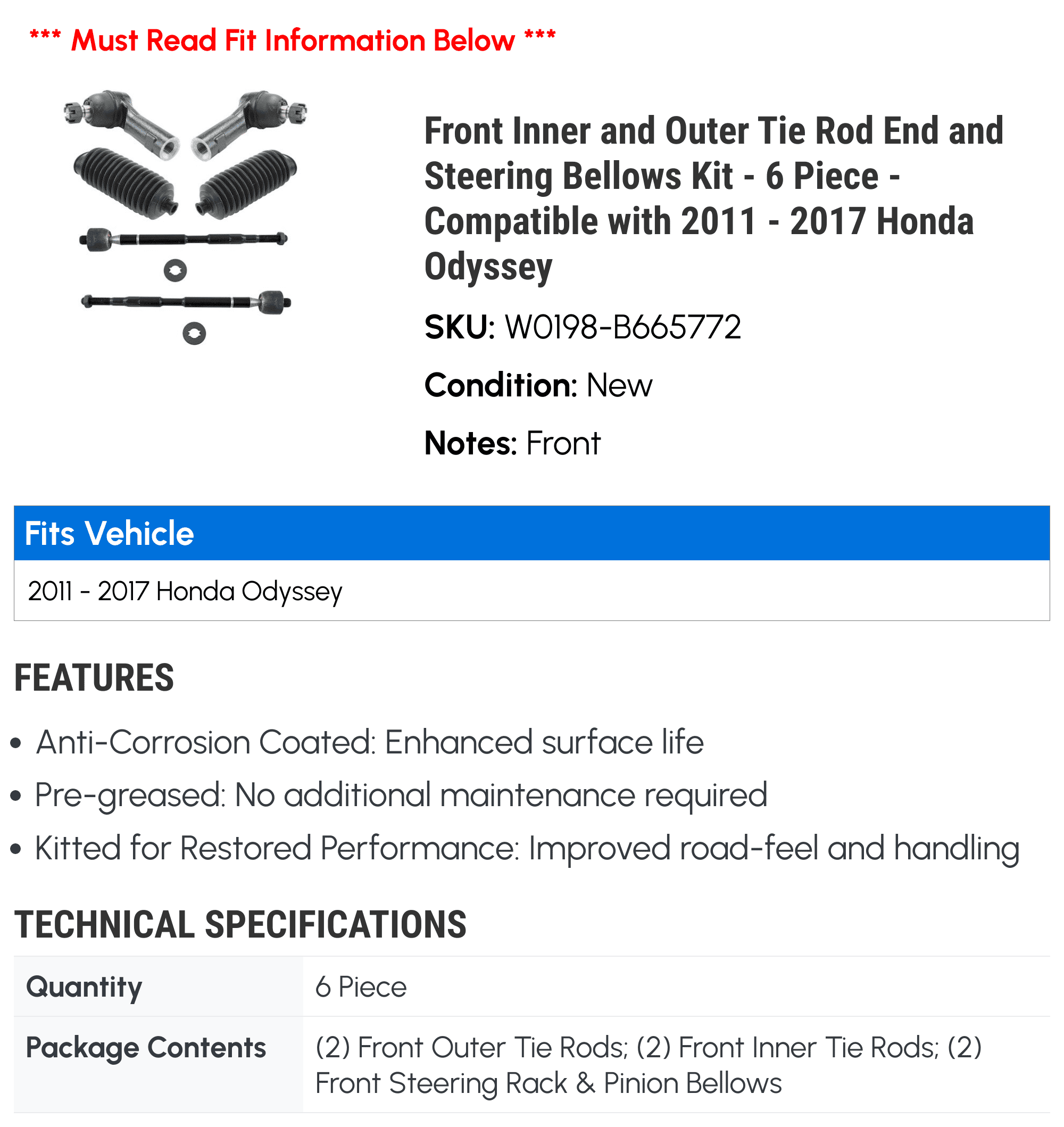 Front Inner and Outer Tie Rod End and Steering Bellows Kit - 6 Piece - Compatible with 2011 - 2017 Honda Odyssey 2012 2013 2014 2015 2016