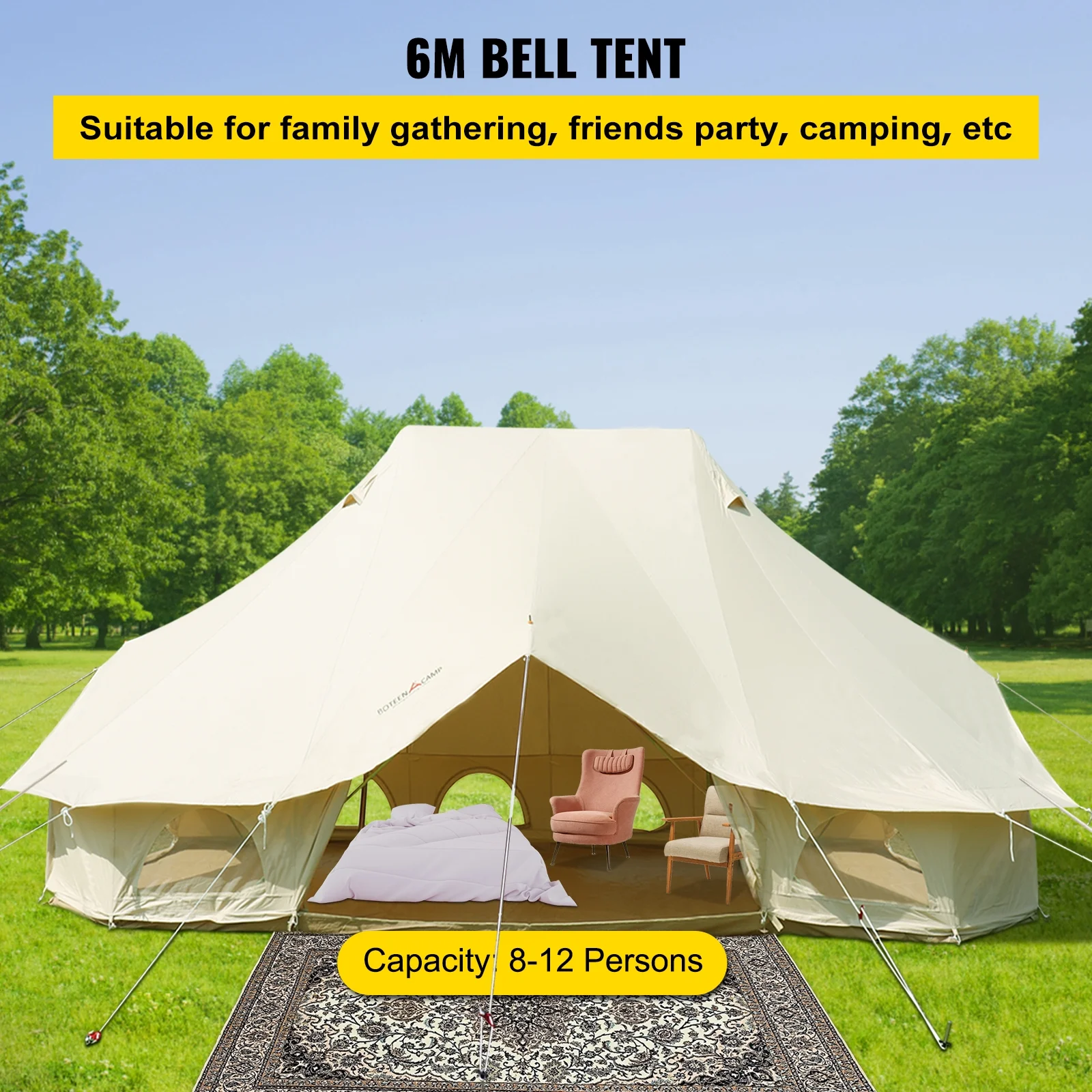 SKYSHALO Bell Tent Canvas 19.7x13.1x9.8 ft Yurt Beige Canvas Tent Cotton Glamping Tents 8-12 Person 4 Season Teepee Tent Portable for Adults Luxury Safari Tent for Family Outdoor Camping Lightweight