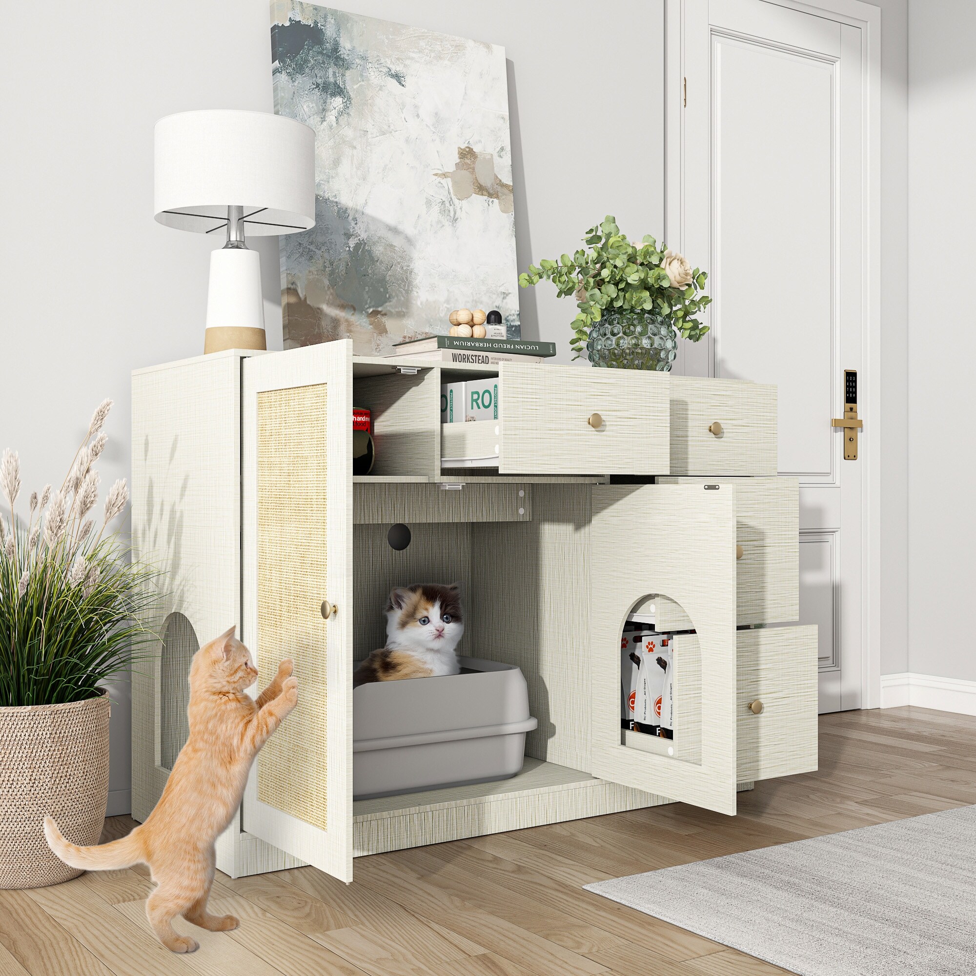 Sisal door Cat Litter Box Enclosure Furniture with 4 drawers,Cat holes - 47.2