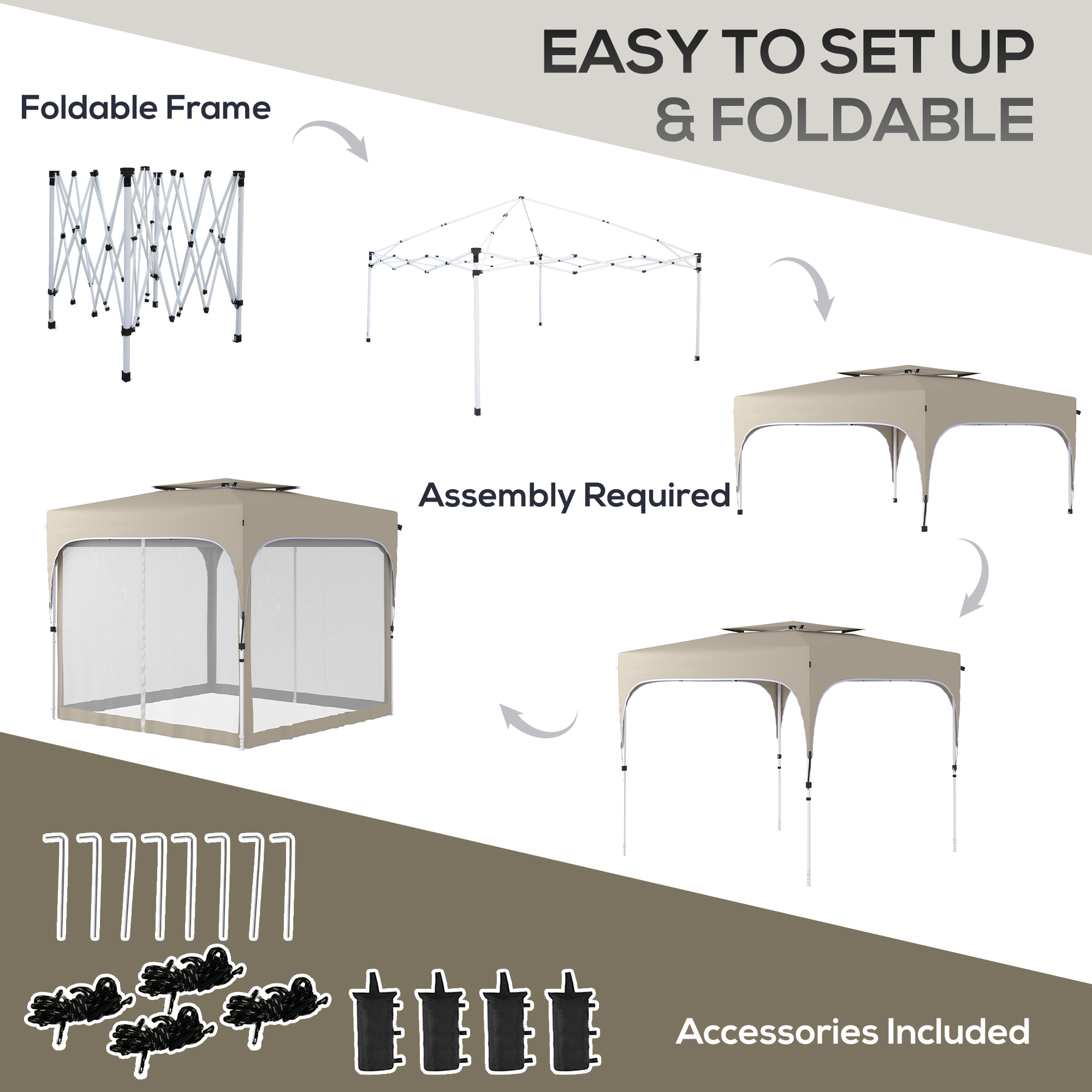 Outsunny 10' x 10' Pop Up Canopy Tent with Netting, Instant Gazebo Shelter, Height Adjustable, with Carry Bag and 4 Sand Bags, 100 Square Feet of Shade, Khaki