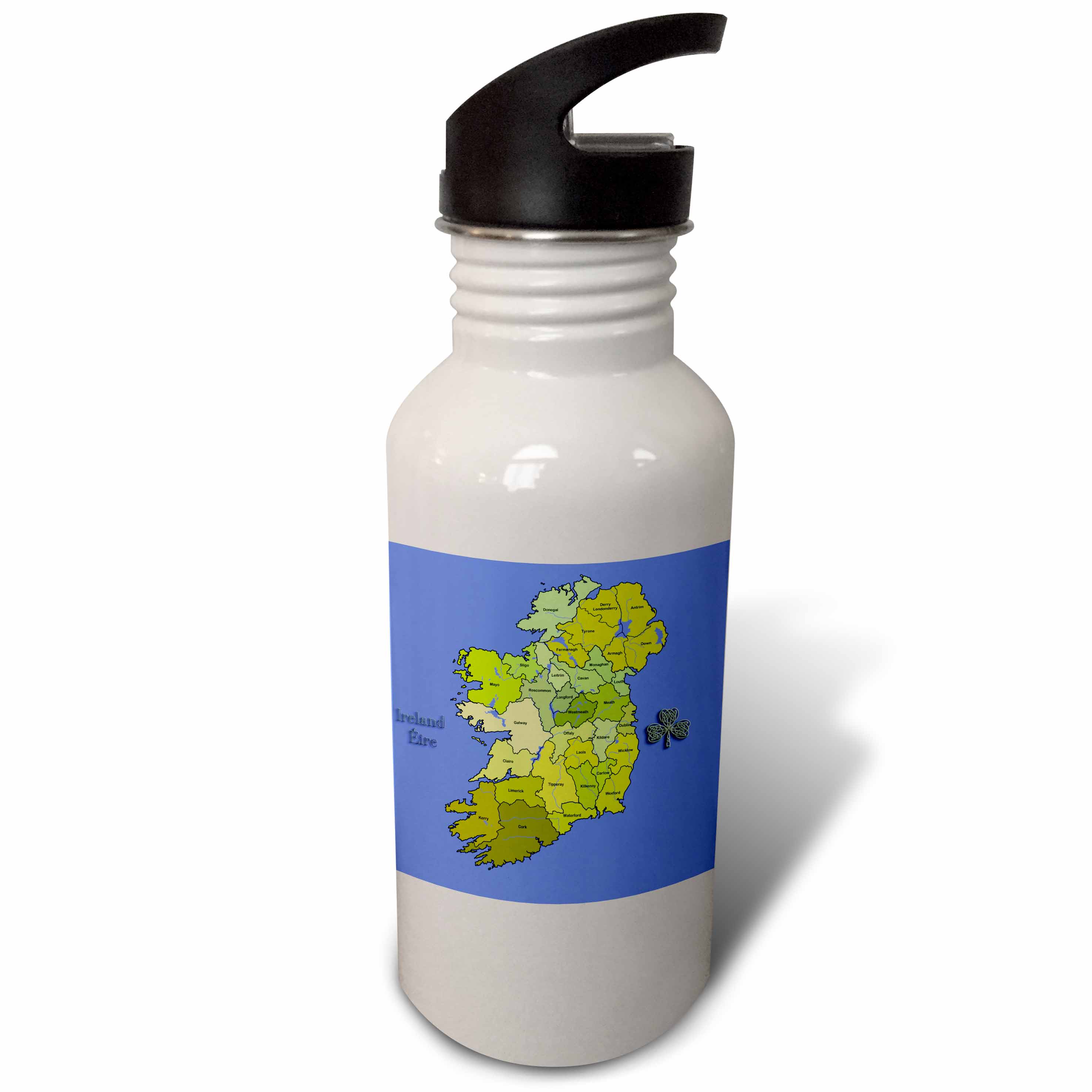 Colorful green map of all Ireland, the Irish Republic and Northern Ireland with all counties shown.  21 oz Sports Water Bottle wb-110030-1