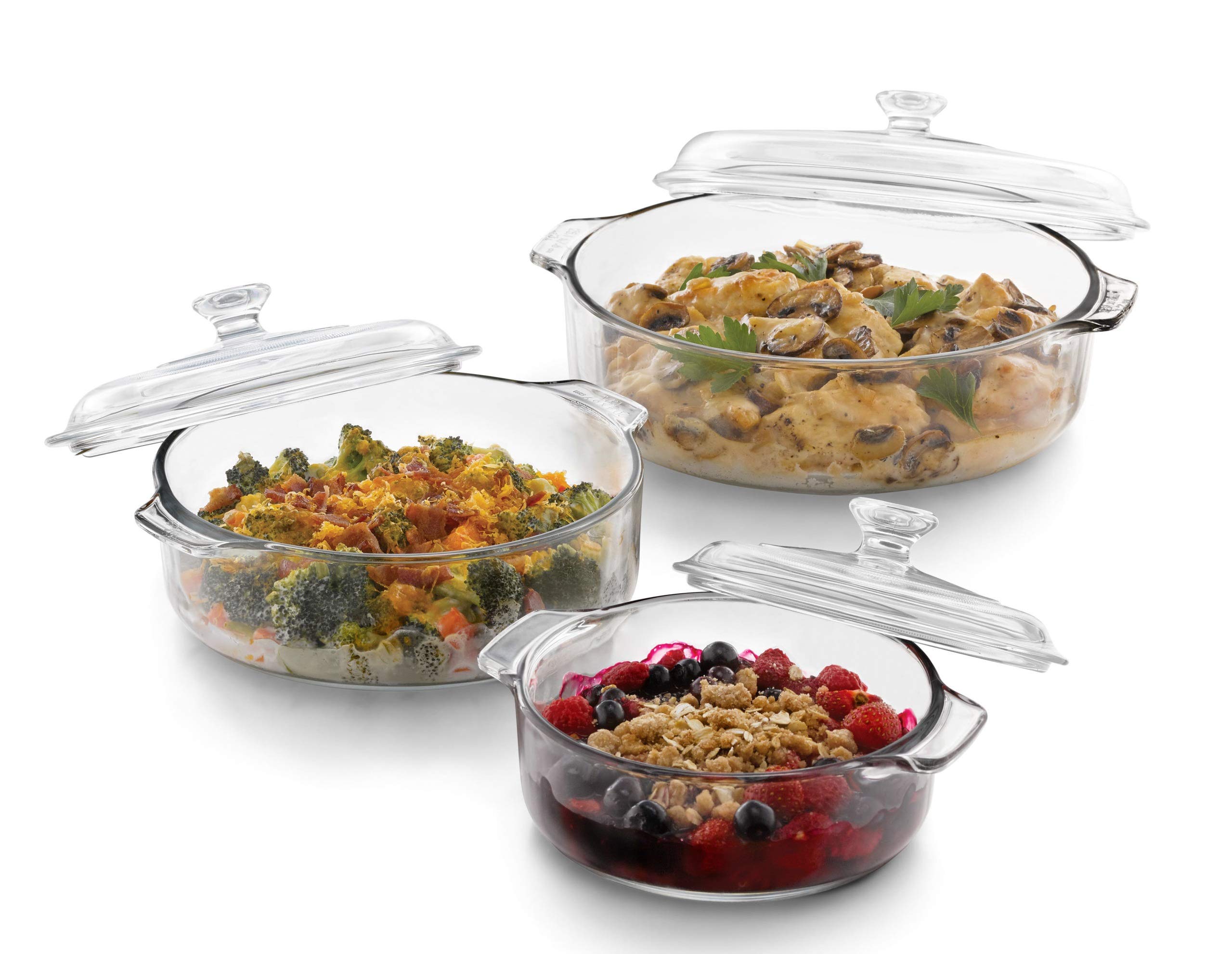 Ginoya Brothers Glass Casserole Classic Deep Round Oven And Microwave Safe Serving Bowl With Glass Lid - Set Of 3, Clear, 1 Liter