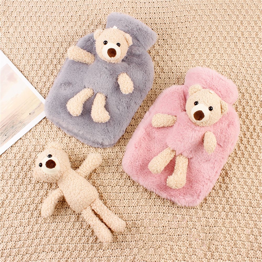 1000ml Plush Covering Recyclable Water Injection Winter Warmth Hot Water Bottle Plush Bear Warm Water Bag PVC Material DARK GREY