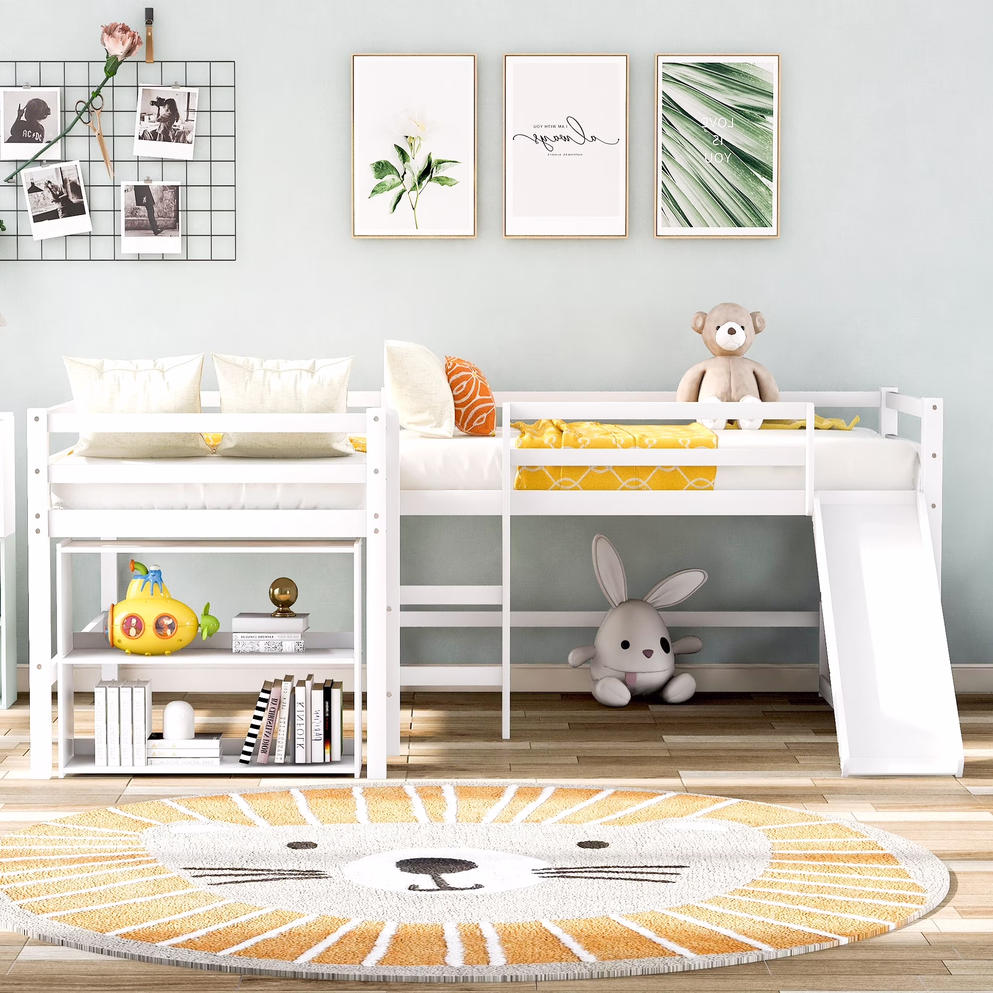 Home Adores Brelle L-Shaped Twin Size Loft Bed with Movable Shelves and Slide White