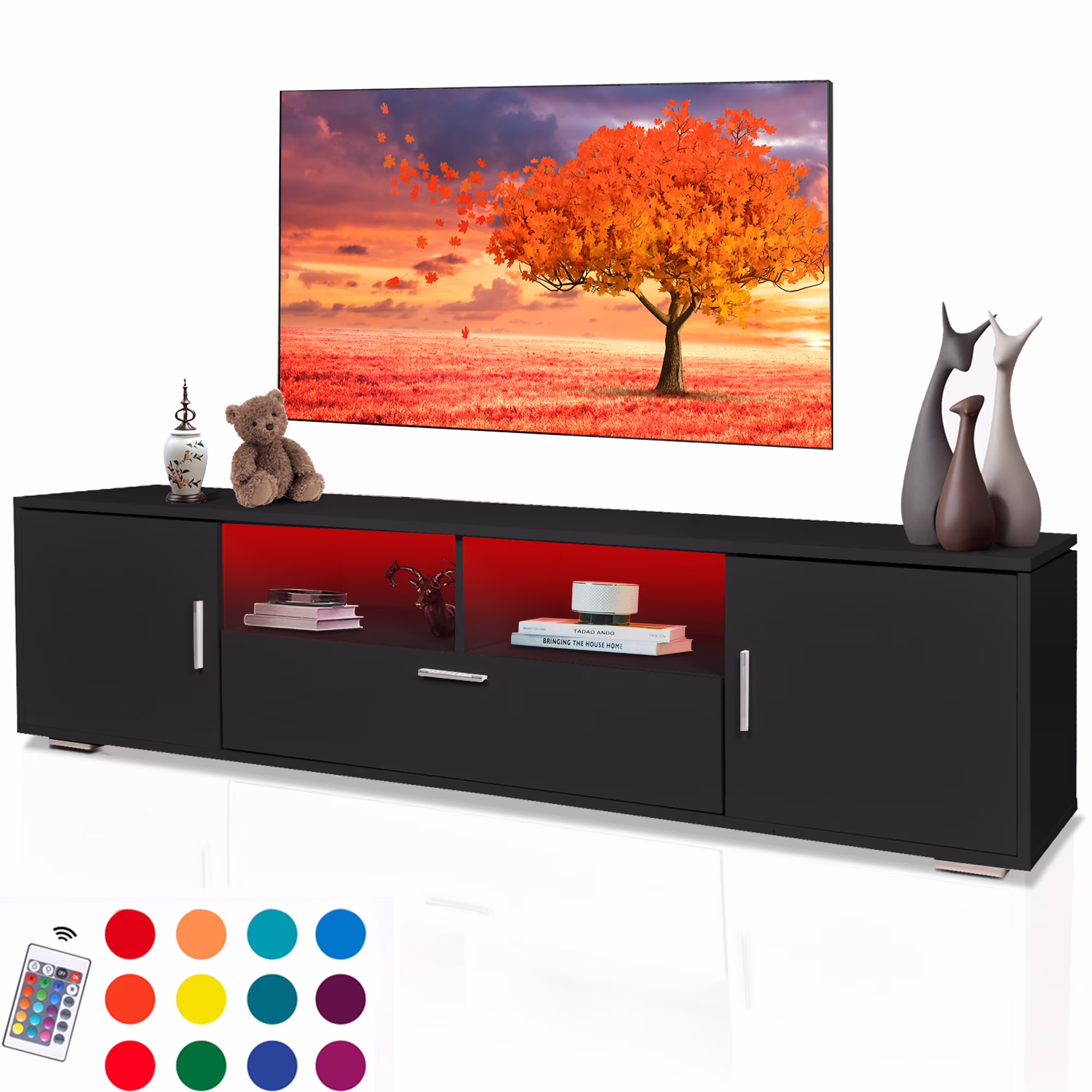 TV Stand for 70 Inch TV, Seizeen Modern Entertainment Center with 16-Color LED Light, High Gloss Media Console Cabinet w/Large Storage for Home Living Room
