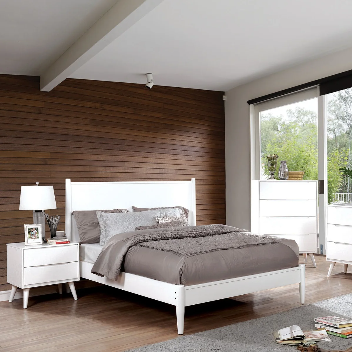 Mid-Century Modern White Queen Size Bed 2x Nightstands 3pc Bedroom Furniture Set Slats Solid wood Recessed Drawer Handles