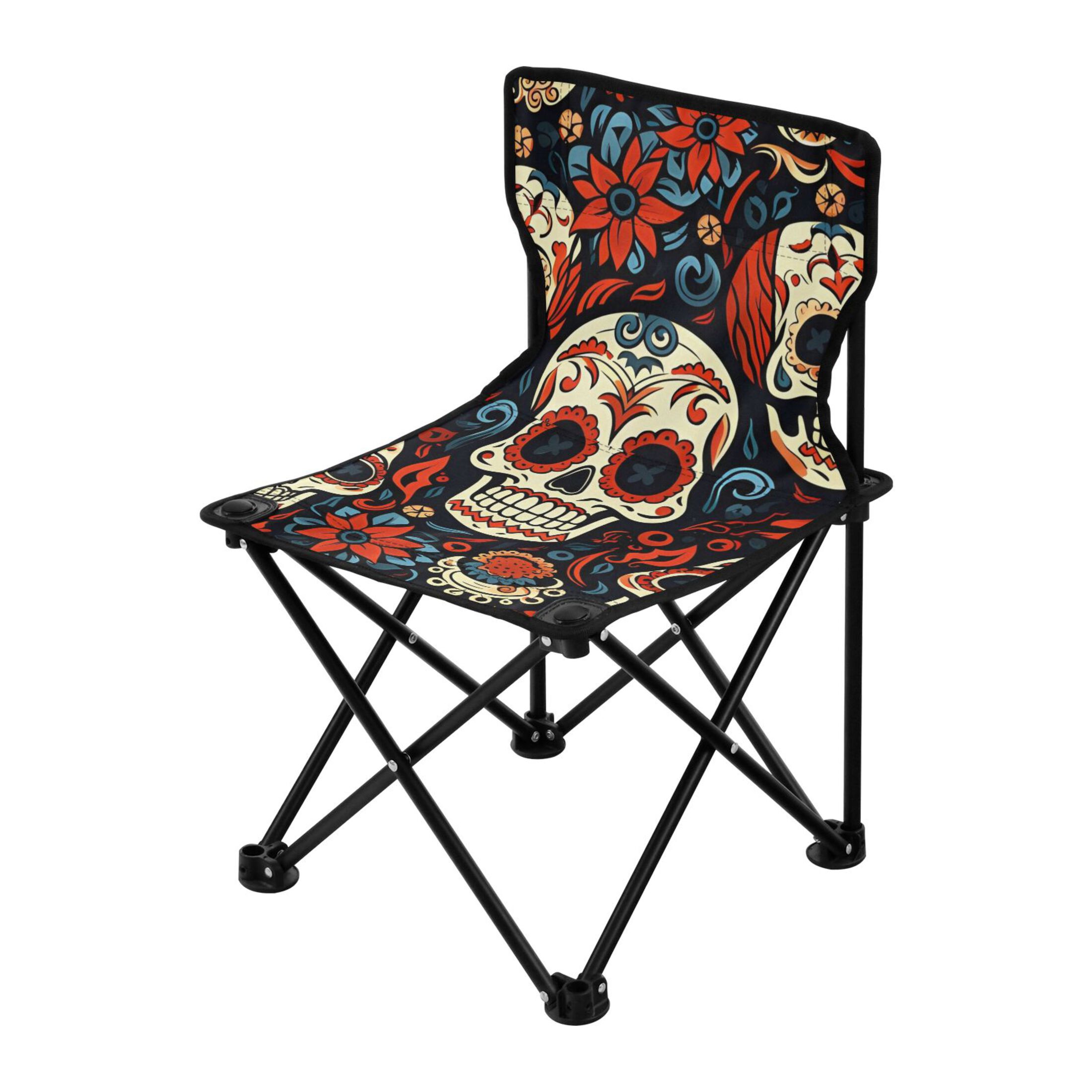 Skulls and Roses Flowers Portable Camping Chair Outdoor Folding Beach Chair Fishing Chair Lawn Chair with Carry Bag Support to 220LBS